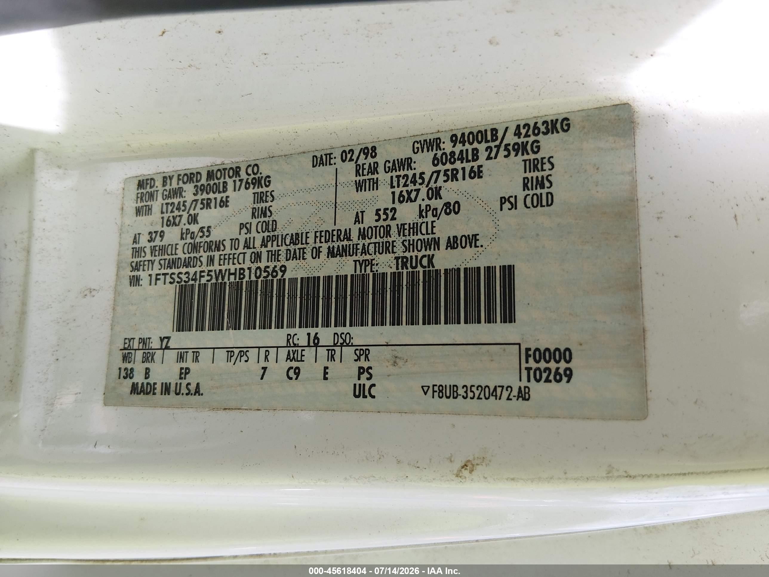 1998 Ford E-350 Commercial/recreational White vin: 1FTSS34F5WHB10569