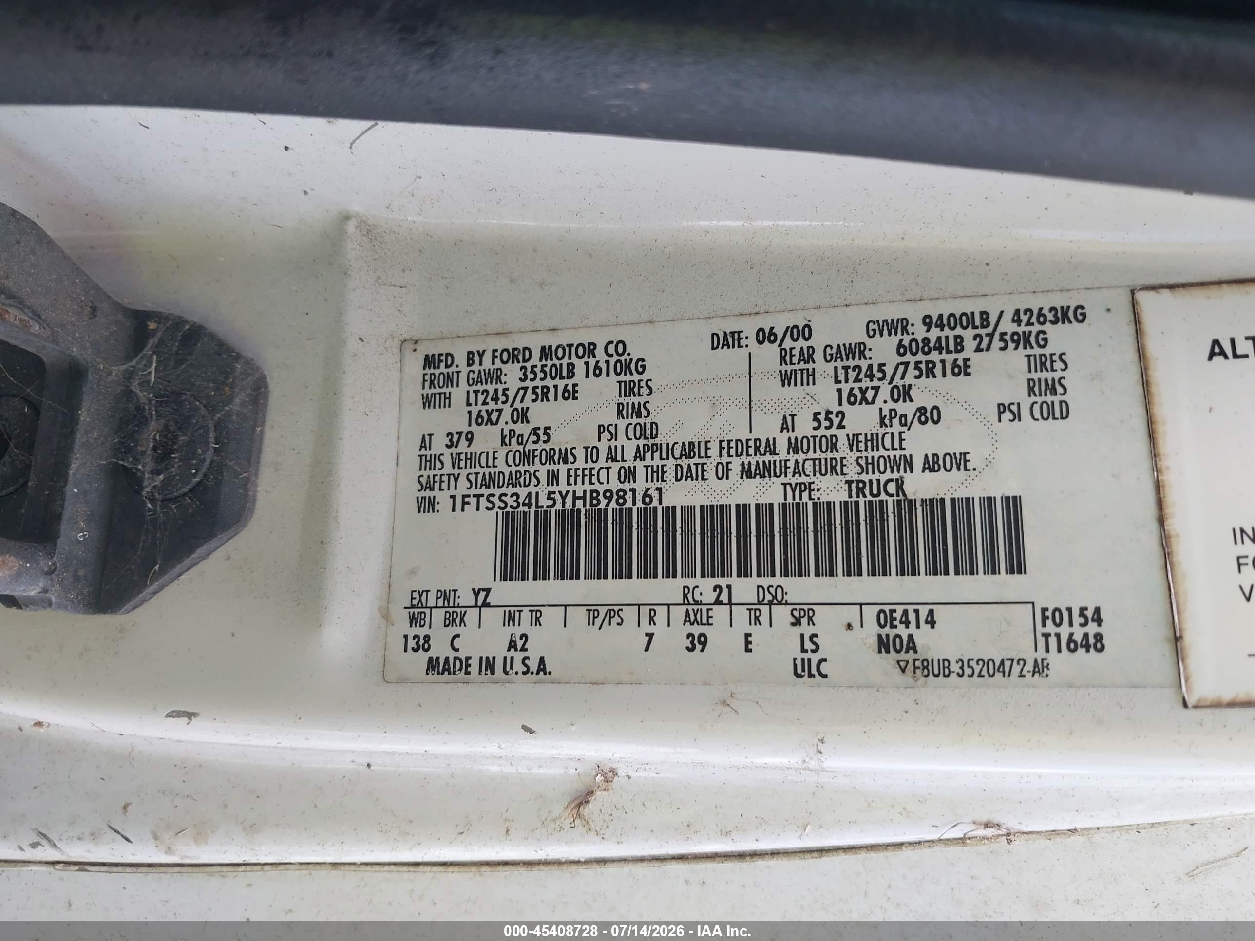 2000 Ford E-350 Super Duty Commercial/recreational White vin: 1FTSS34L5YHB98161