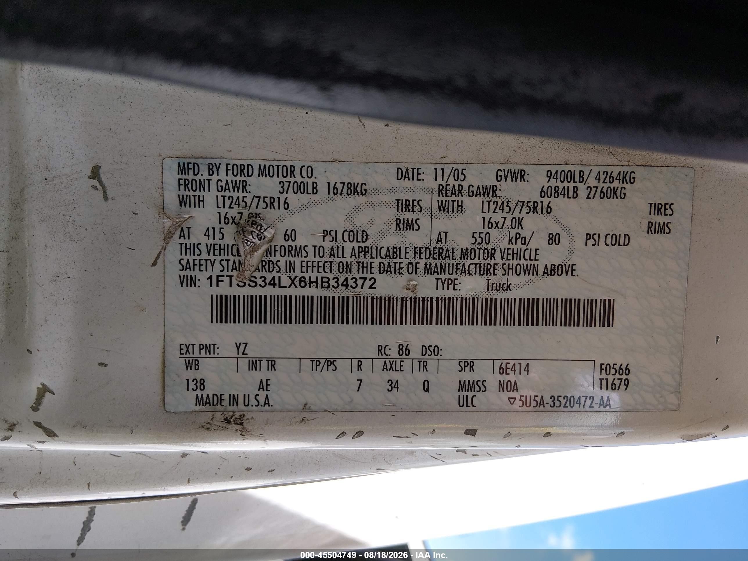 2006 Ford E-350 Super Duty   White vin: 1FTSS34LX6HB34372