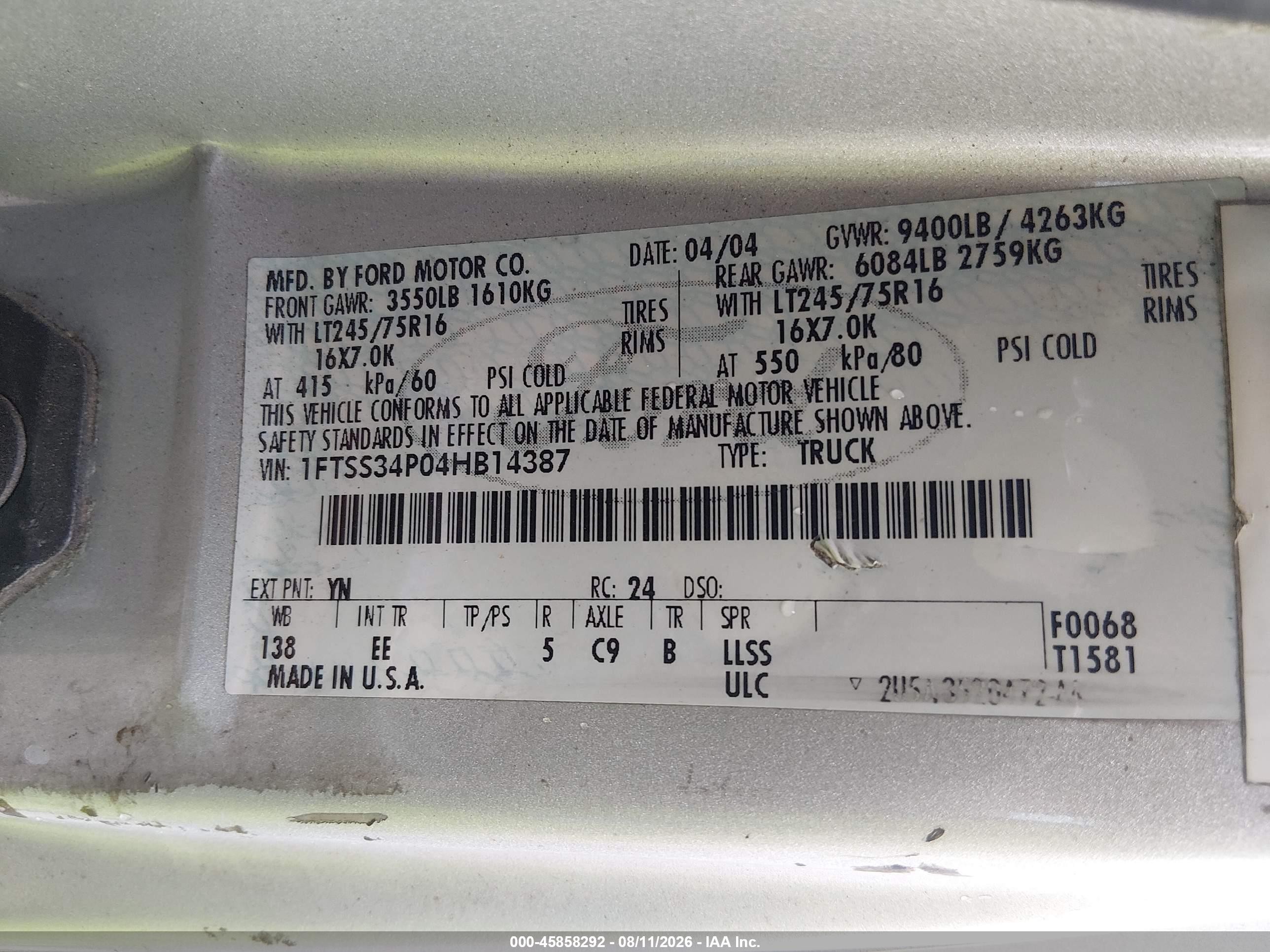 2004 Ford E-350 Super Duty Commercial/recreational Gray vin: 1FTSS34P04HB14387