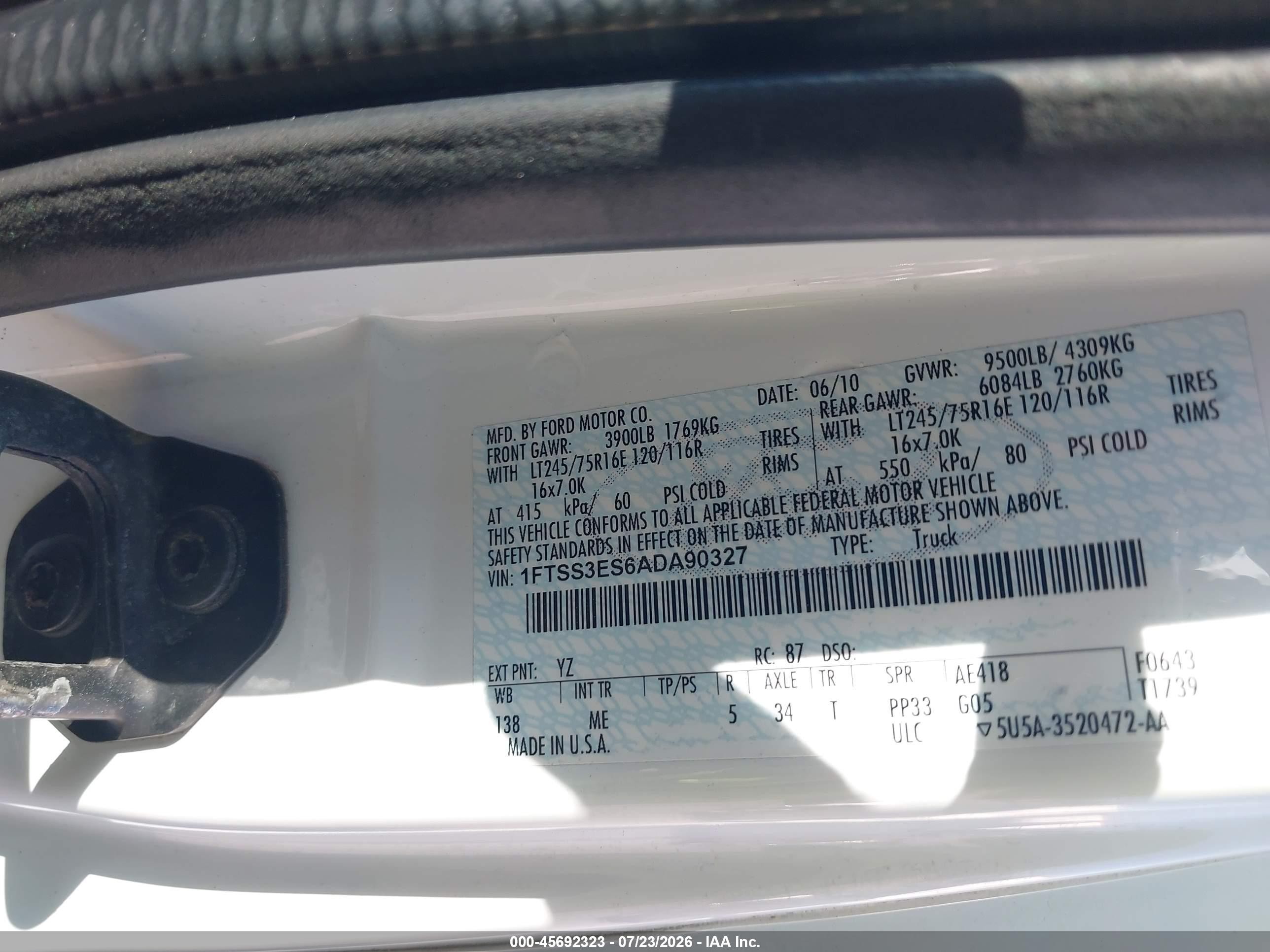 2010 Ford E-350 Super Duty Commercial/recreational White vin: 1FTSS3ES6ADA90327