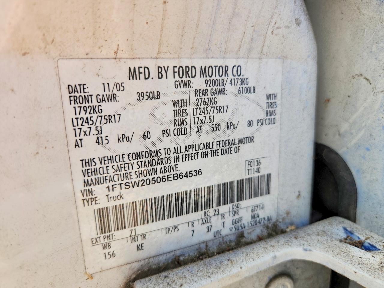 2006 Ford F250 Super Duty White vin: 1FTSW20506EB64536