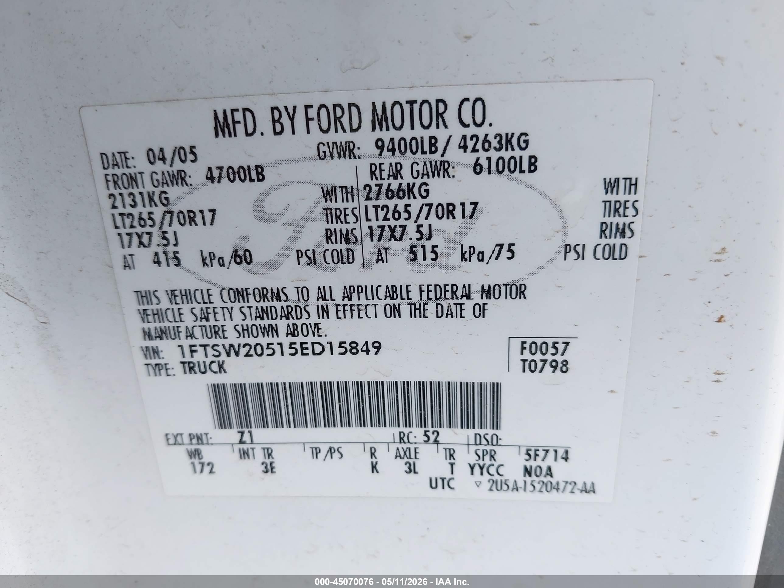 2005 Ford Super Duty F-250 Lariat/xl/xlt White vin: 1FTSW20515ED15849