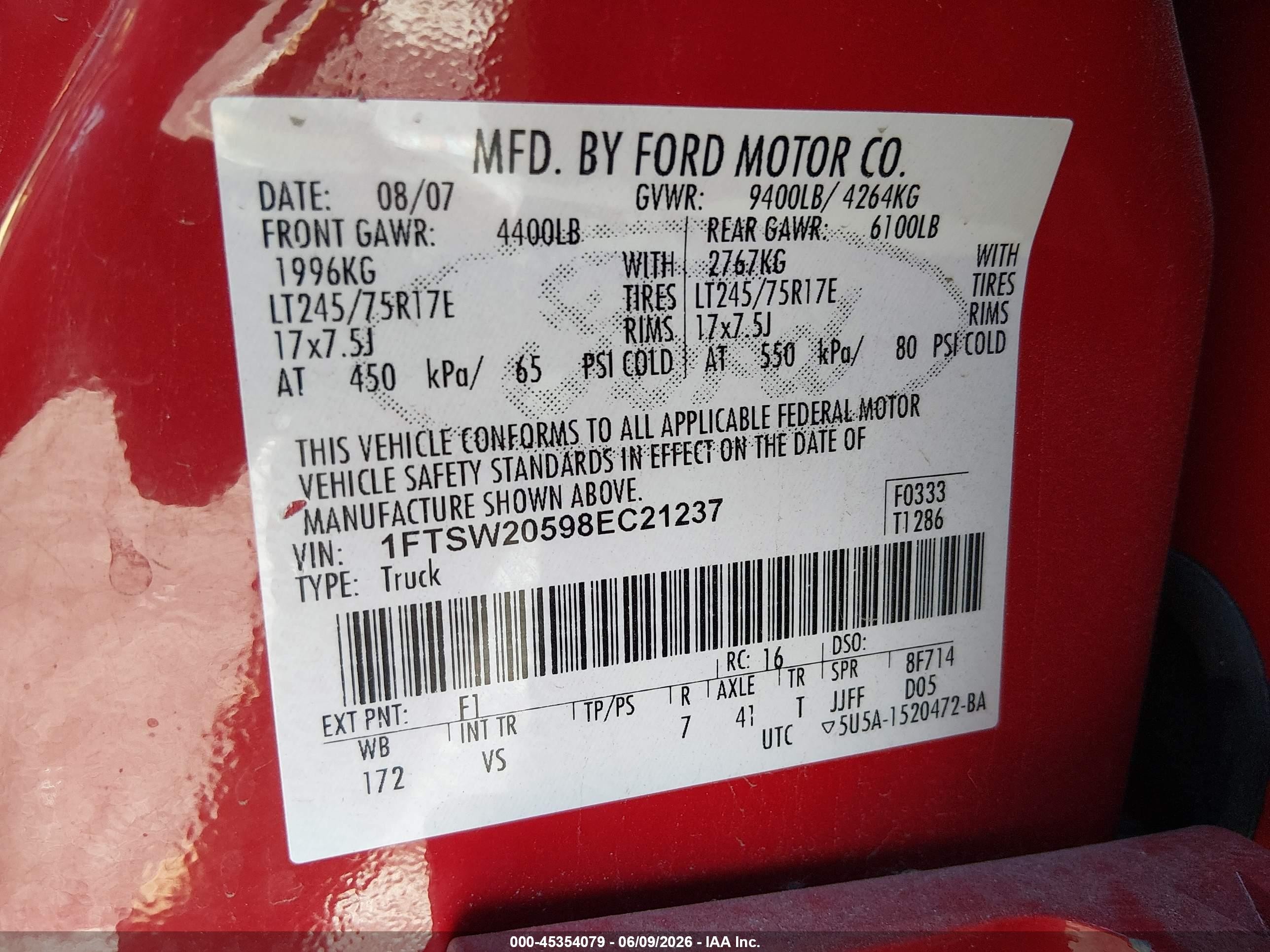 2008 Ford F-250 King Ranch/lariat/xl/xlt Red vin: 1FTSW20598EC21237