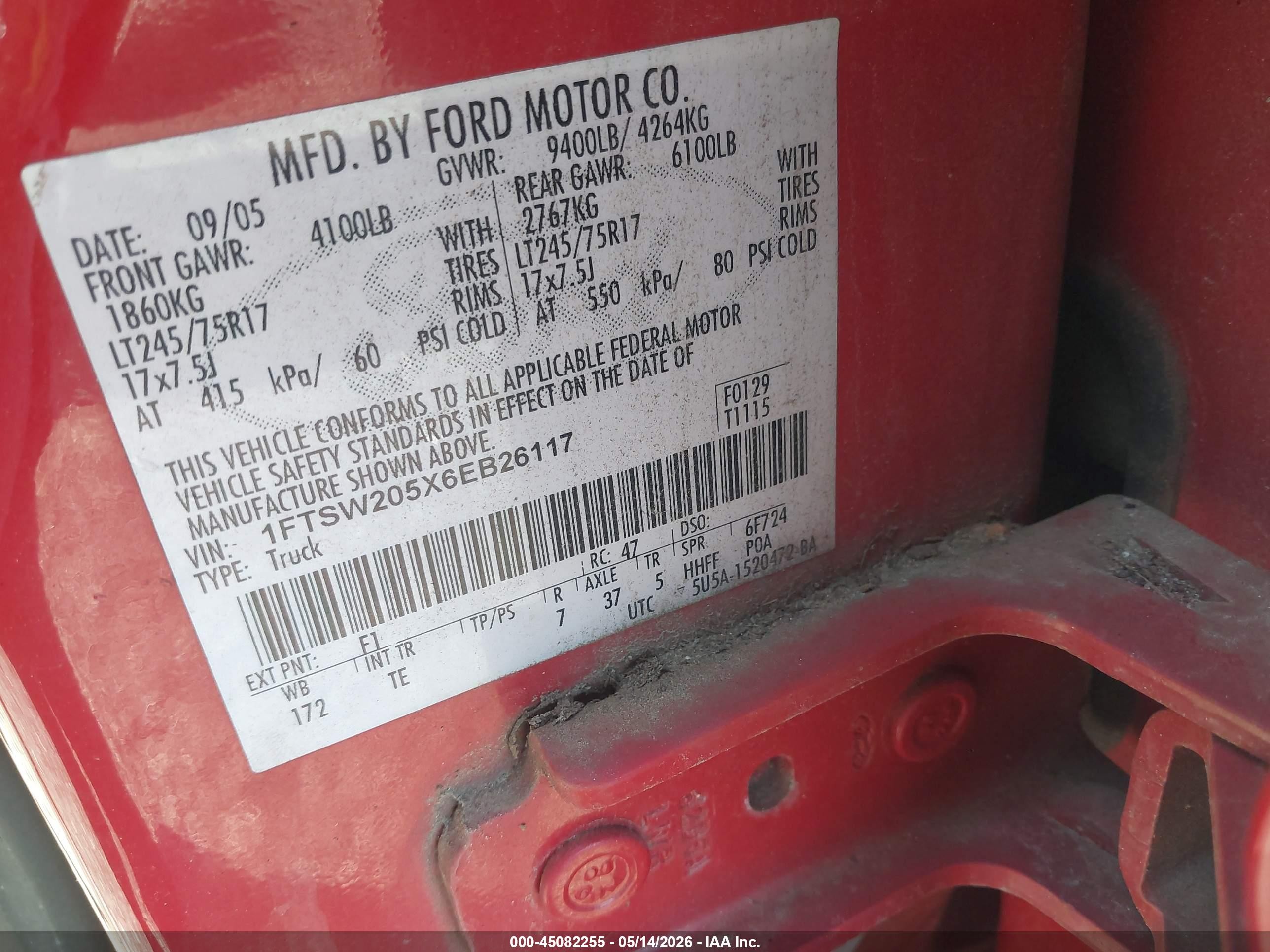 2006 Ford F-250   Red vin: 1FTSW205X6EB26117