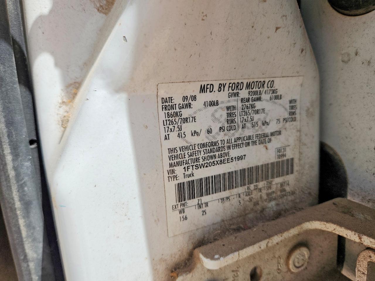 2008 Ford F250 Super Duty White vin: 1FTSW205X8EE51997