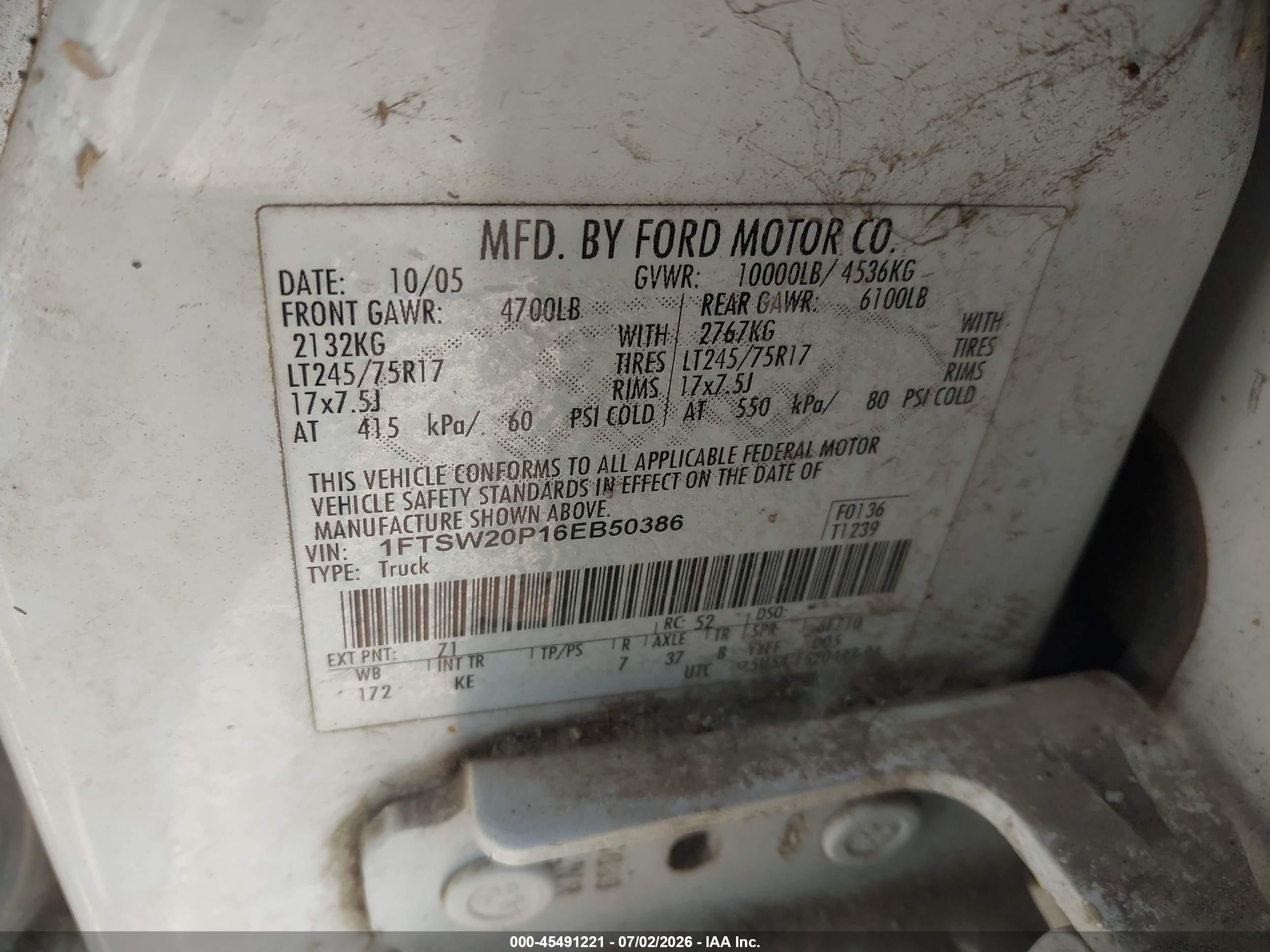 2006 Ford F-250 Lariat/xl/xlt Белый vin: 1FTSW20P16EB50386