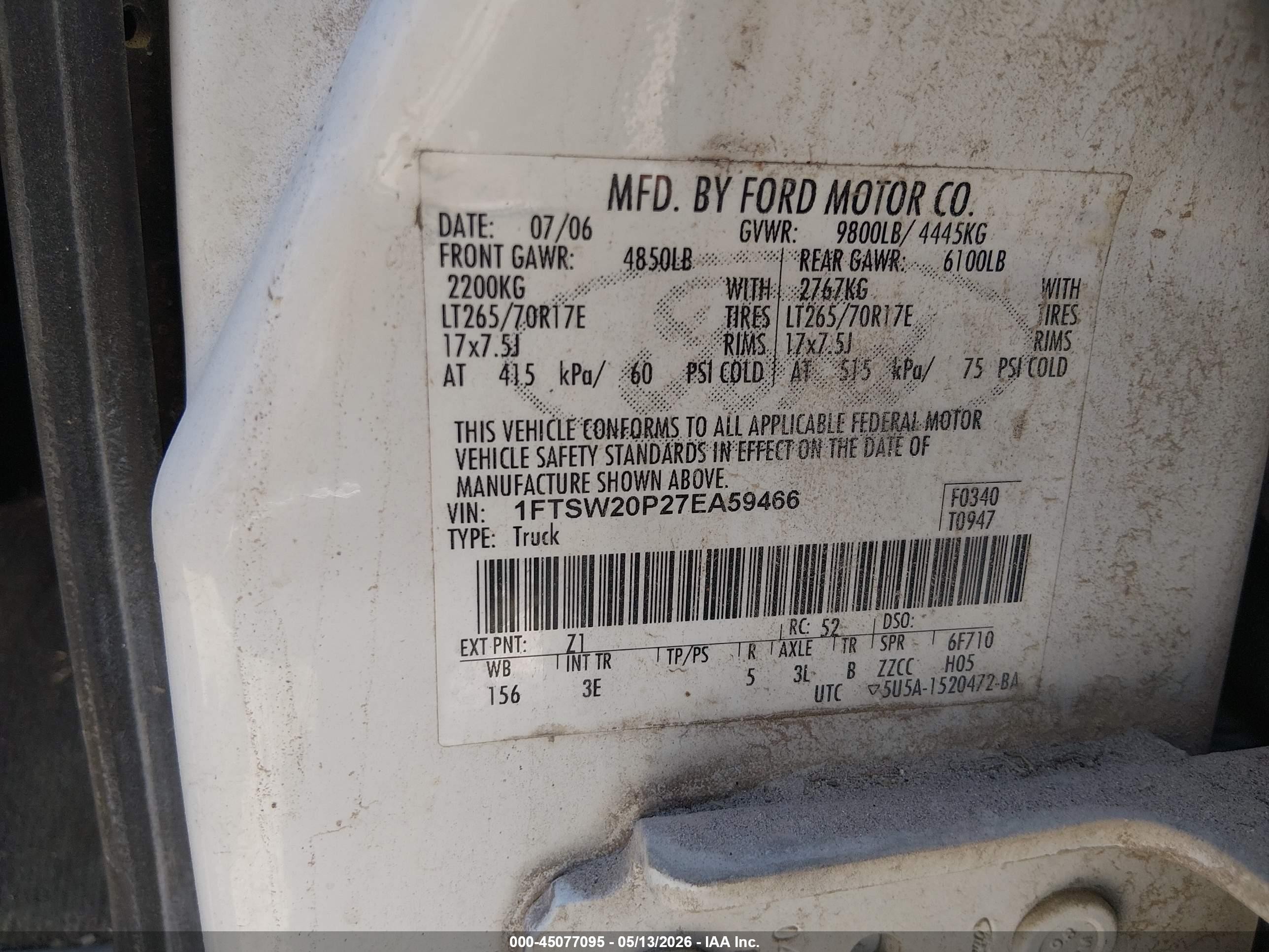2007 Ford F-250 Lariat/xl/xlt White vin: 1FTSW20P27EA59466