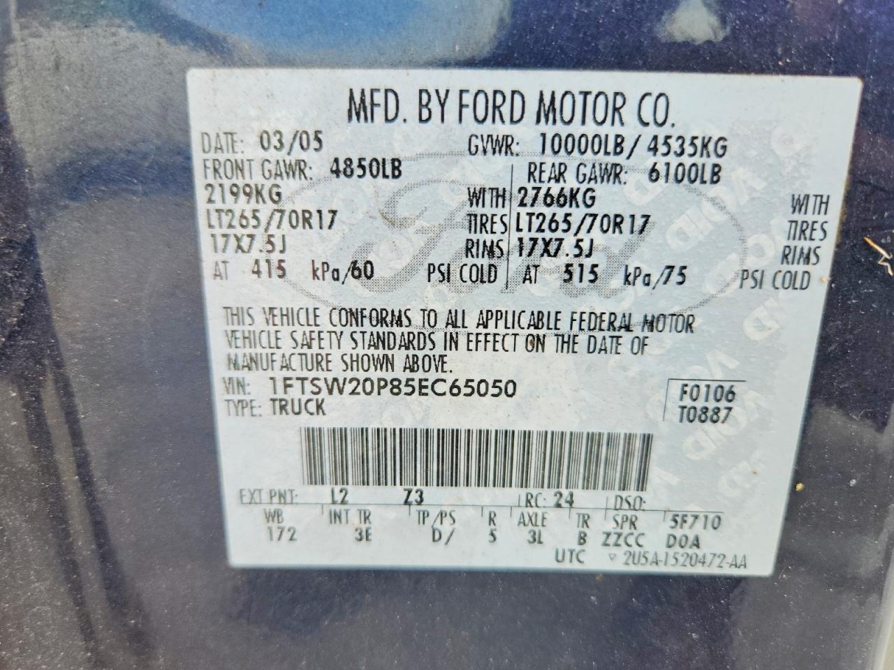 2005 Ford F250 Super Duty Blue vin: 1FTSW20P85EC65050