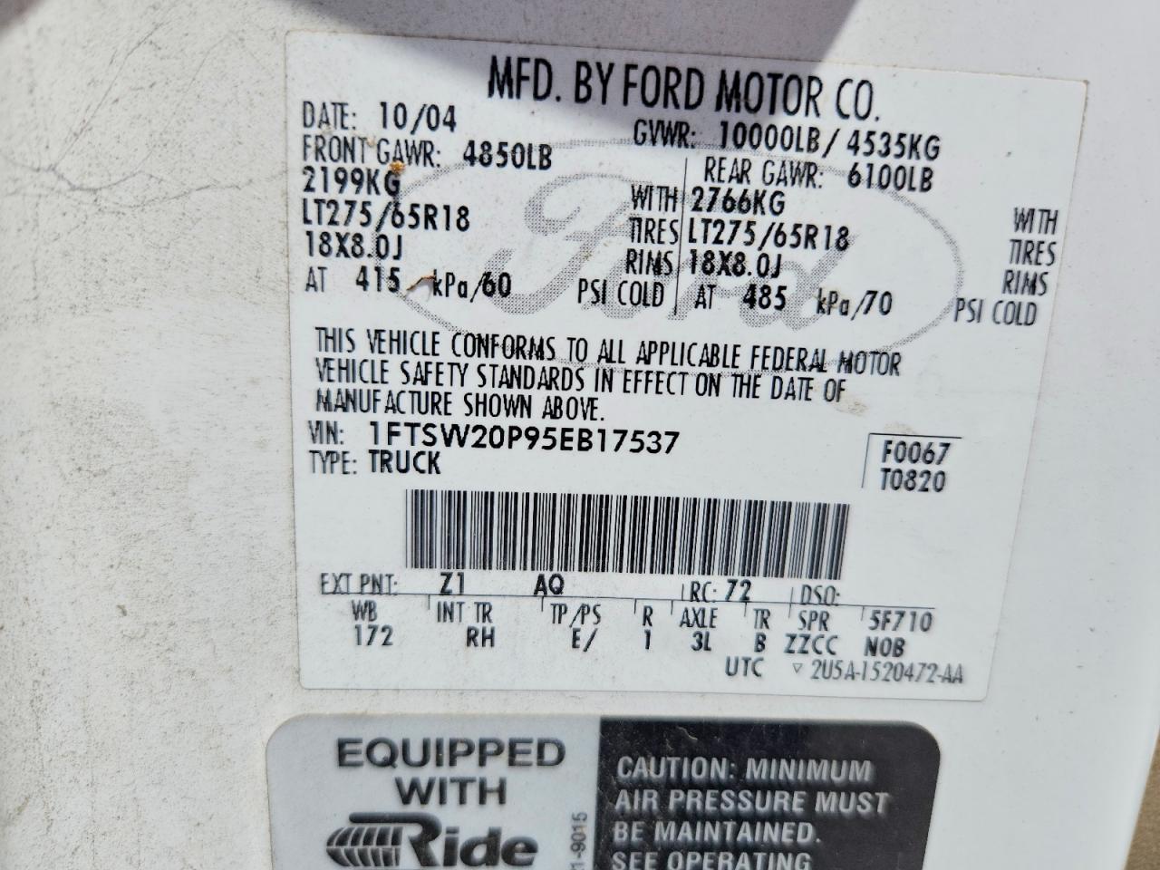 2005 Ford F250 Super Duty Белый vin: 1FTSW20P95EB17537