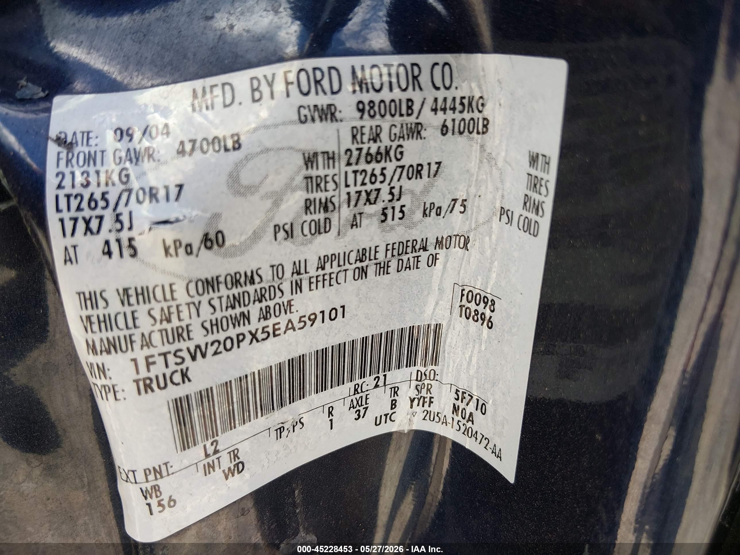 2005 Ford Super Duty F-250 Lariat/xl/xlt Blue vin: 1FTSW20PX5EA59101