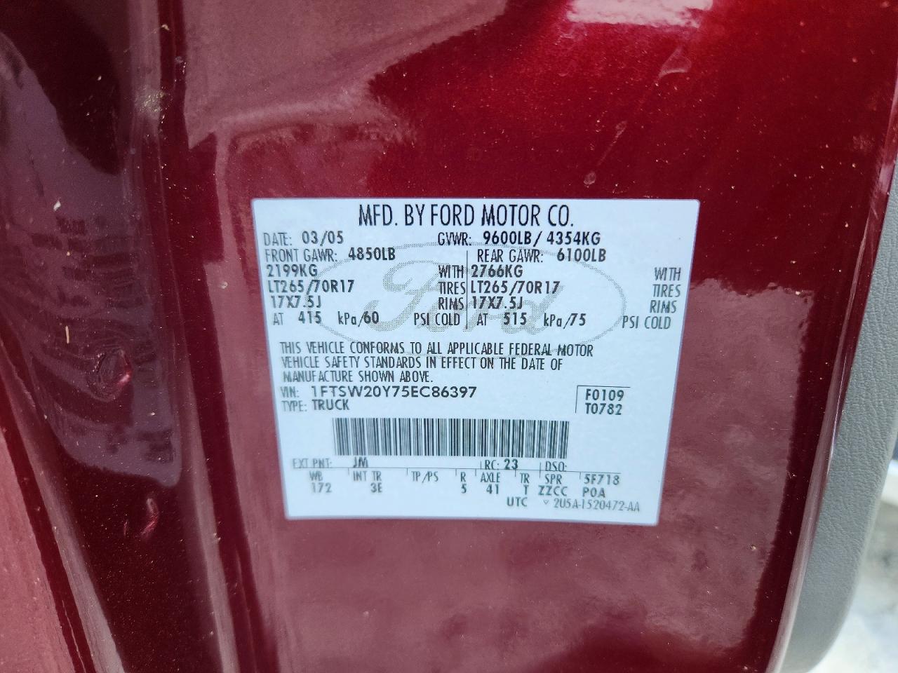 2005 Ford F250 Super Duty Red vin: 1FTSW20Y75EC86397
