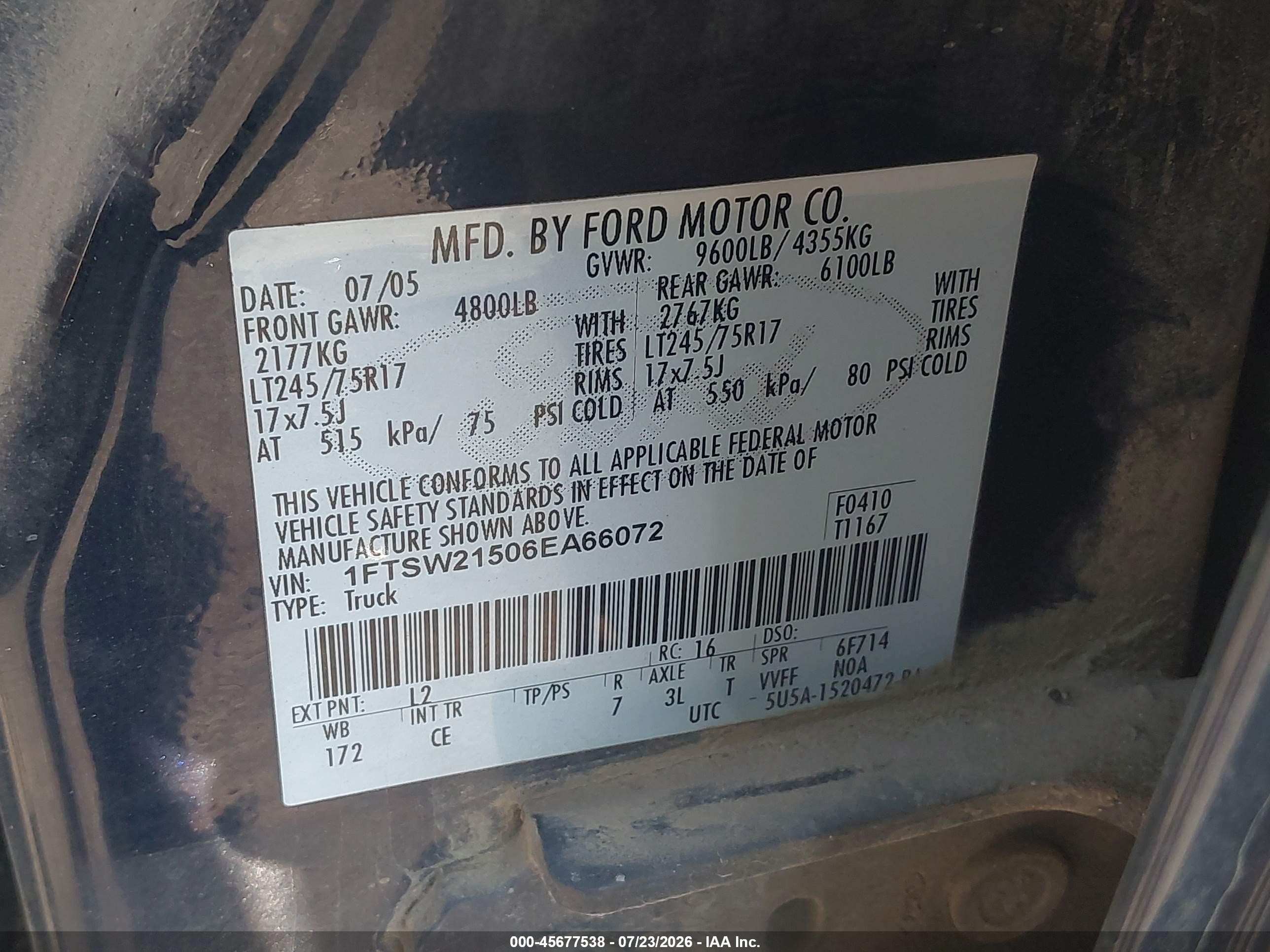 2006 Ford F-250 Lariat/xl/xlt Blue vin: 1FTSW21506EA66072