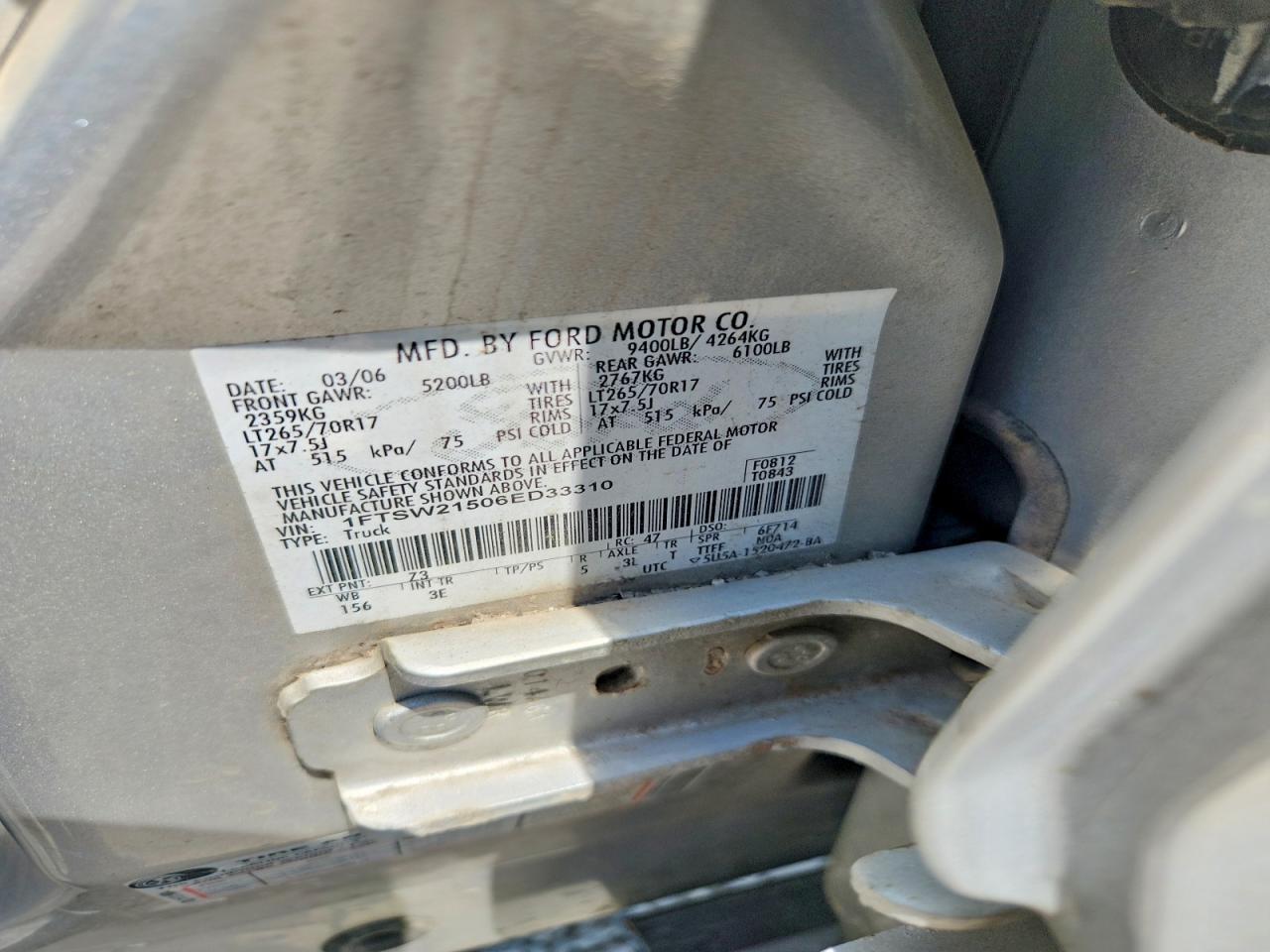 2006 Ford F250 Super Duty Серебряный vin: 1FTSW21506ED33310