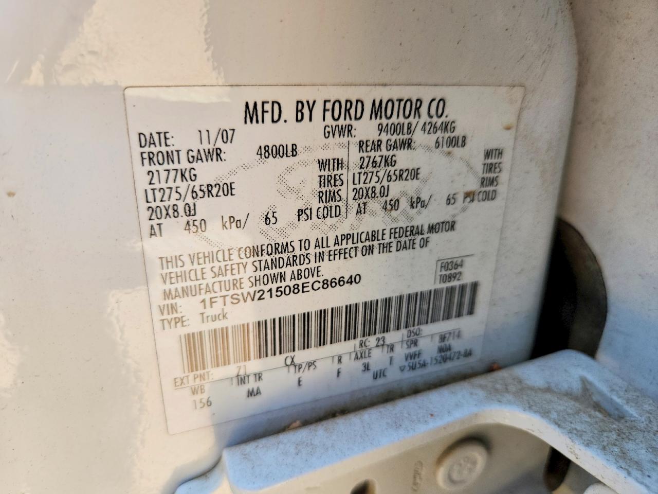 2008 Ford F250 Super Duty White vin: 1FTSW21508EC86640