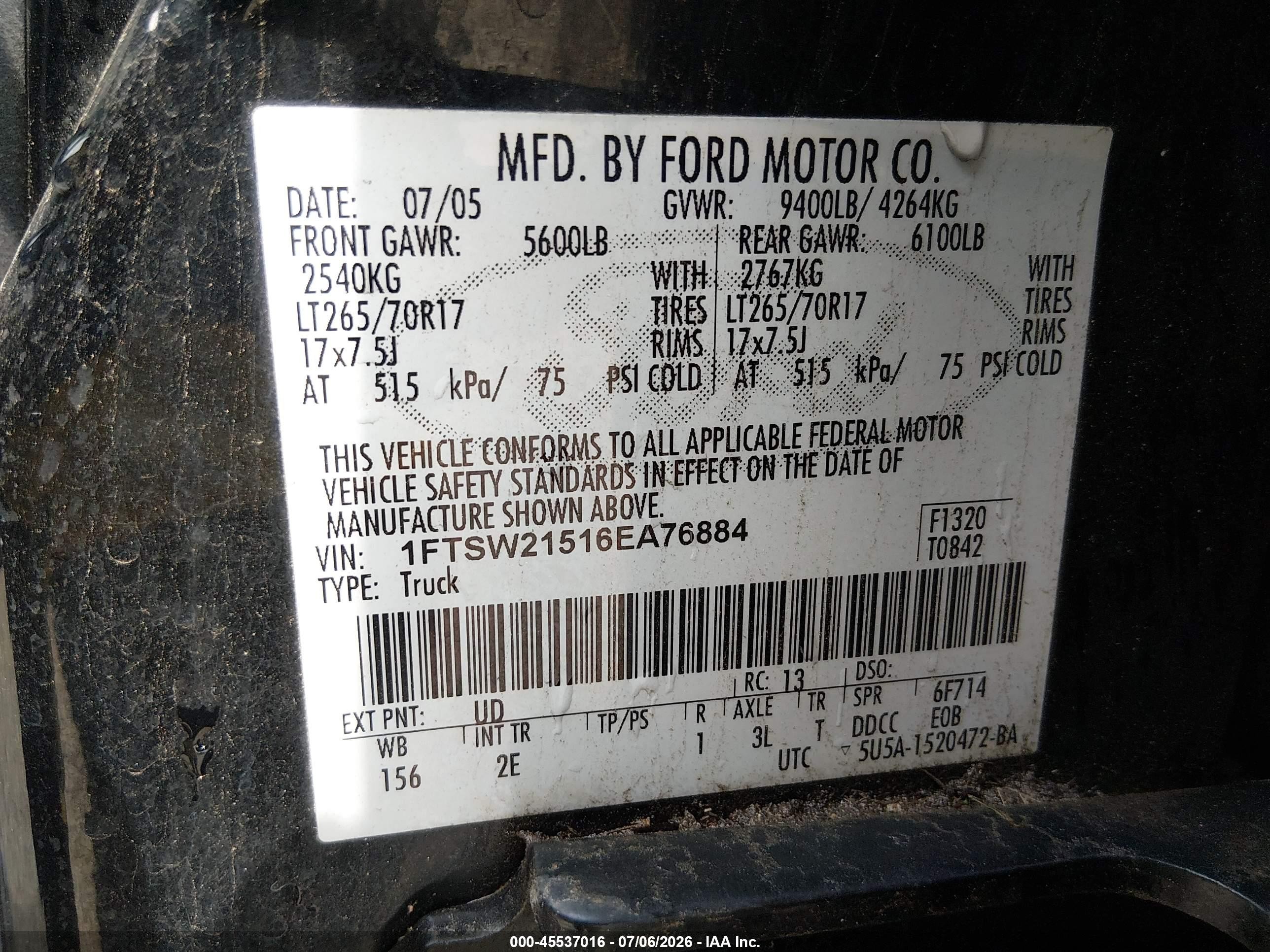 2006 Ford F-250 Lariat/xl/xlt Black vin: 1FTSW21516EA76884