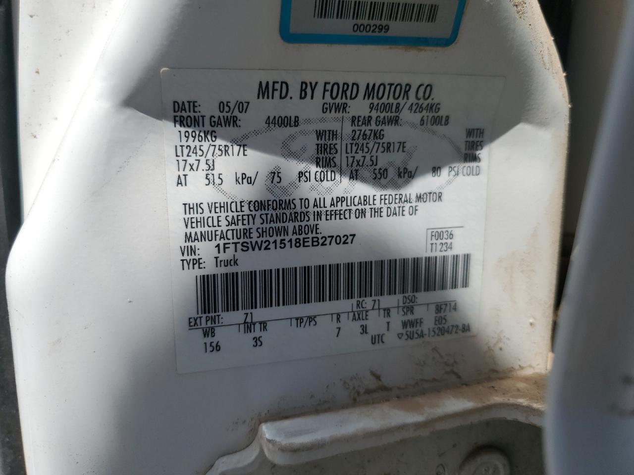 2008 Ford F250 Super Duty White vin: 1FTSW21518EB27027