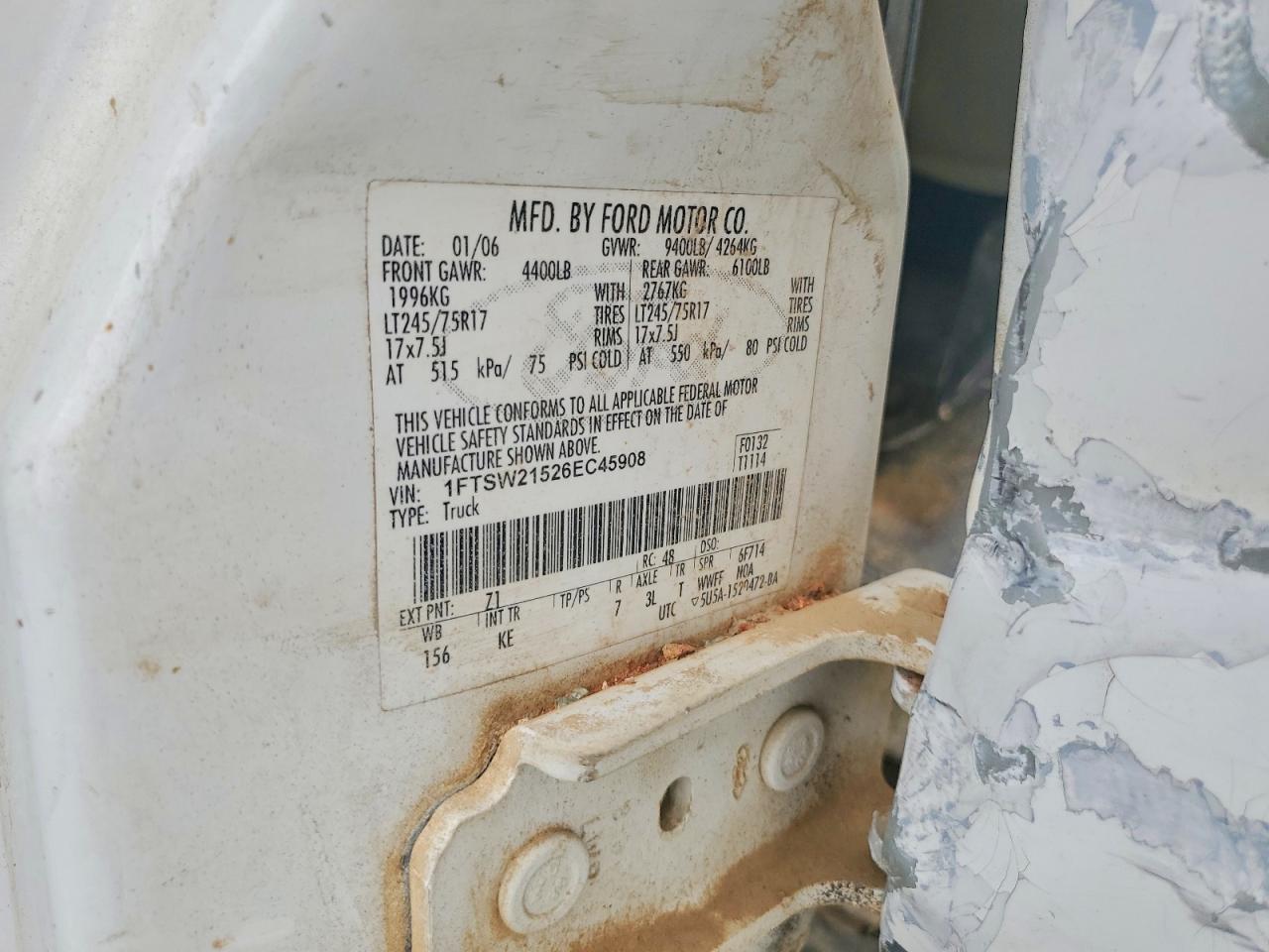 2006 Ford F250 Super Duty White vin: 1FTSW21526EC45908