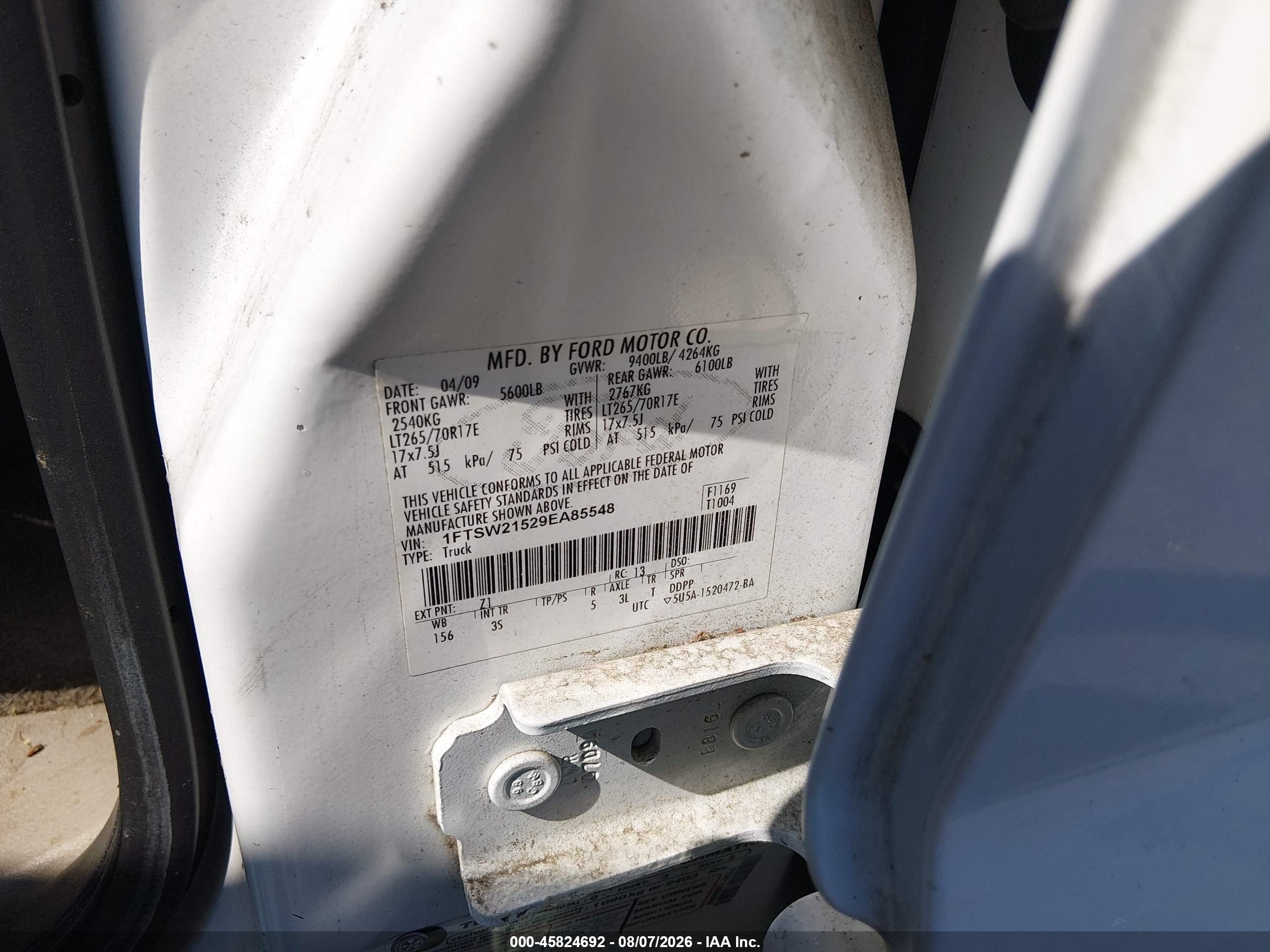 2009 Ford Super Duty F-250 Srw Cabelas/fx4/king Ranch/lariat/xl/xlt White vin: 1FTSW21529EA85548