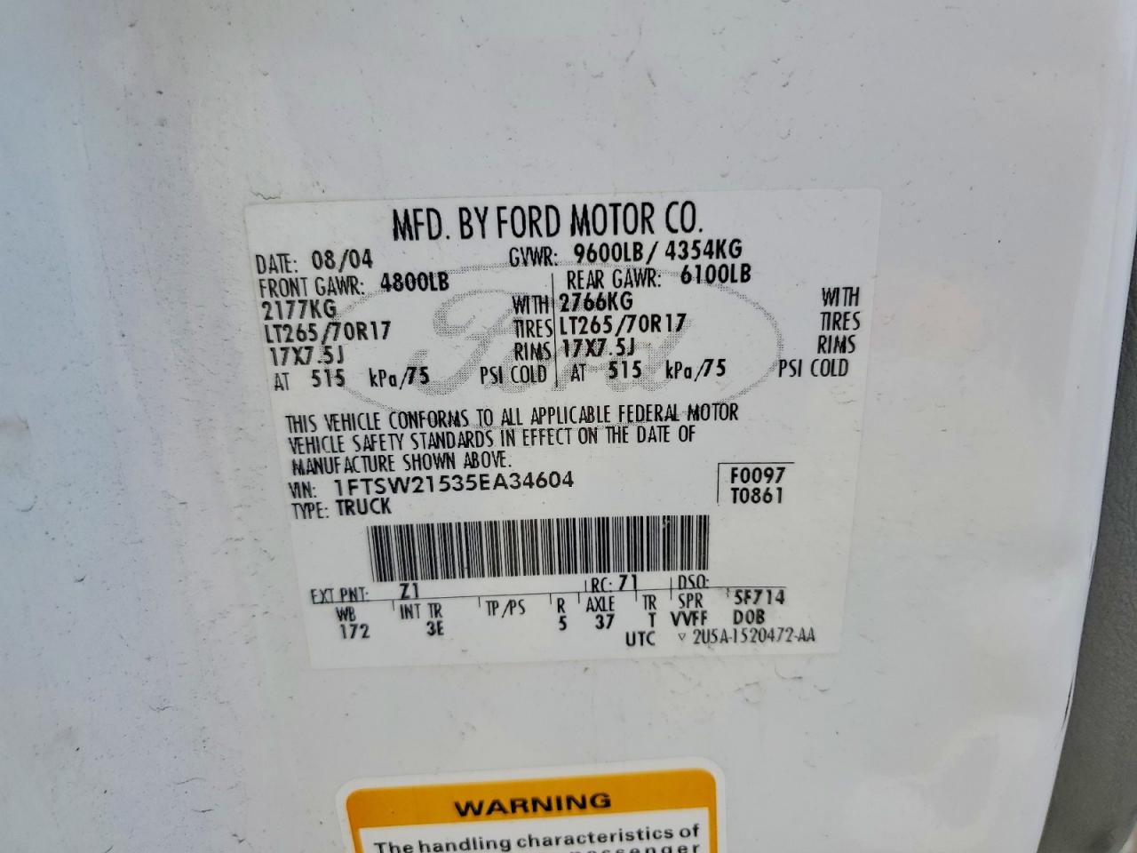 2005 Ford F250 Super Duty White vin: 1FTSW21535EA34604