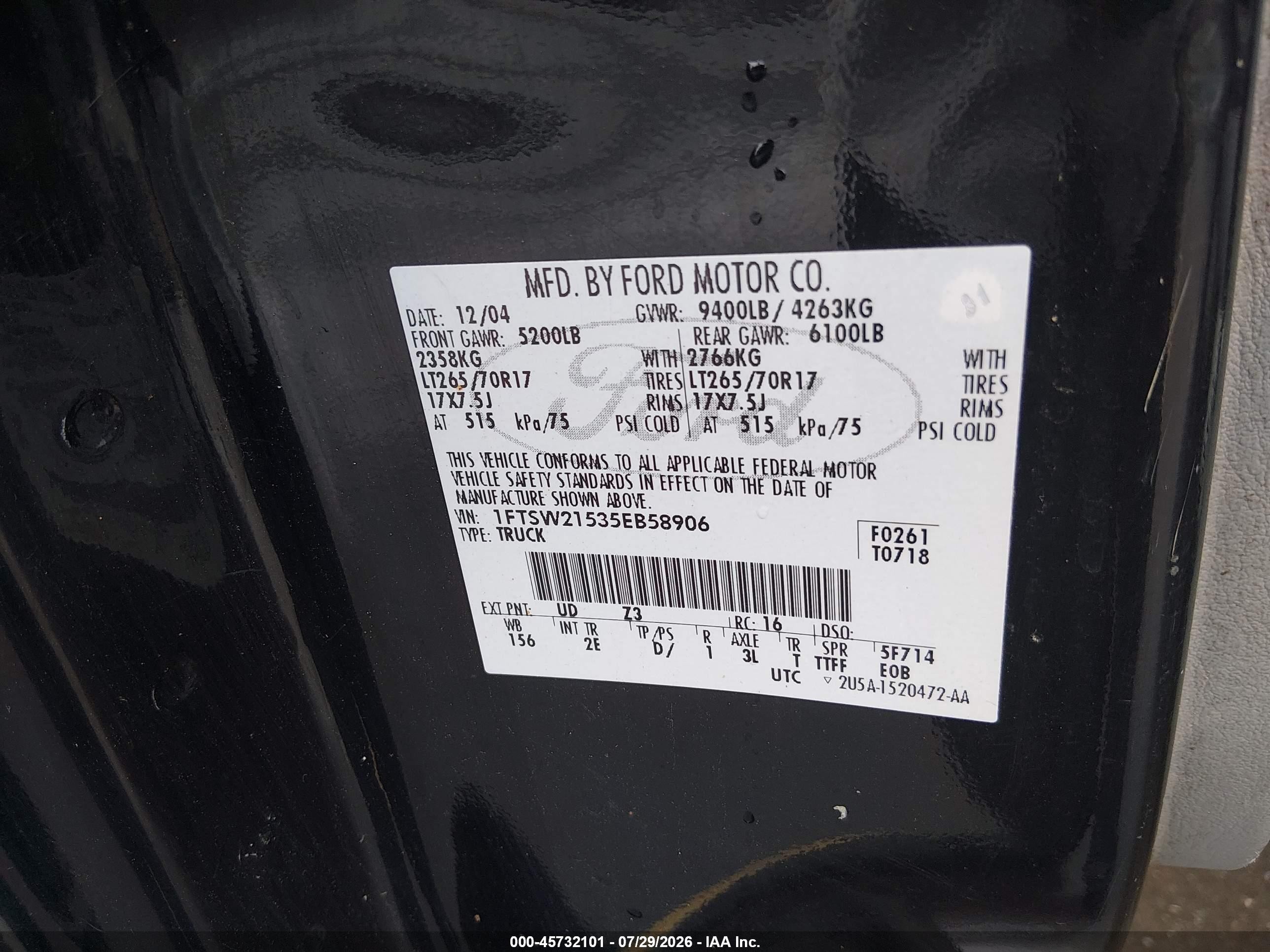 2005 Ford F-250 Lariat/xl/xlt Black vin: 1FTSW21535EB58906