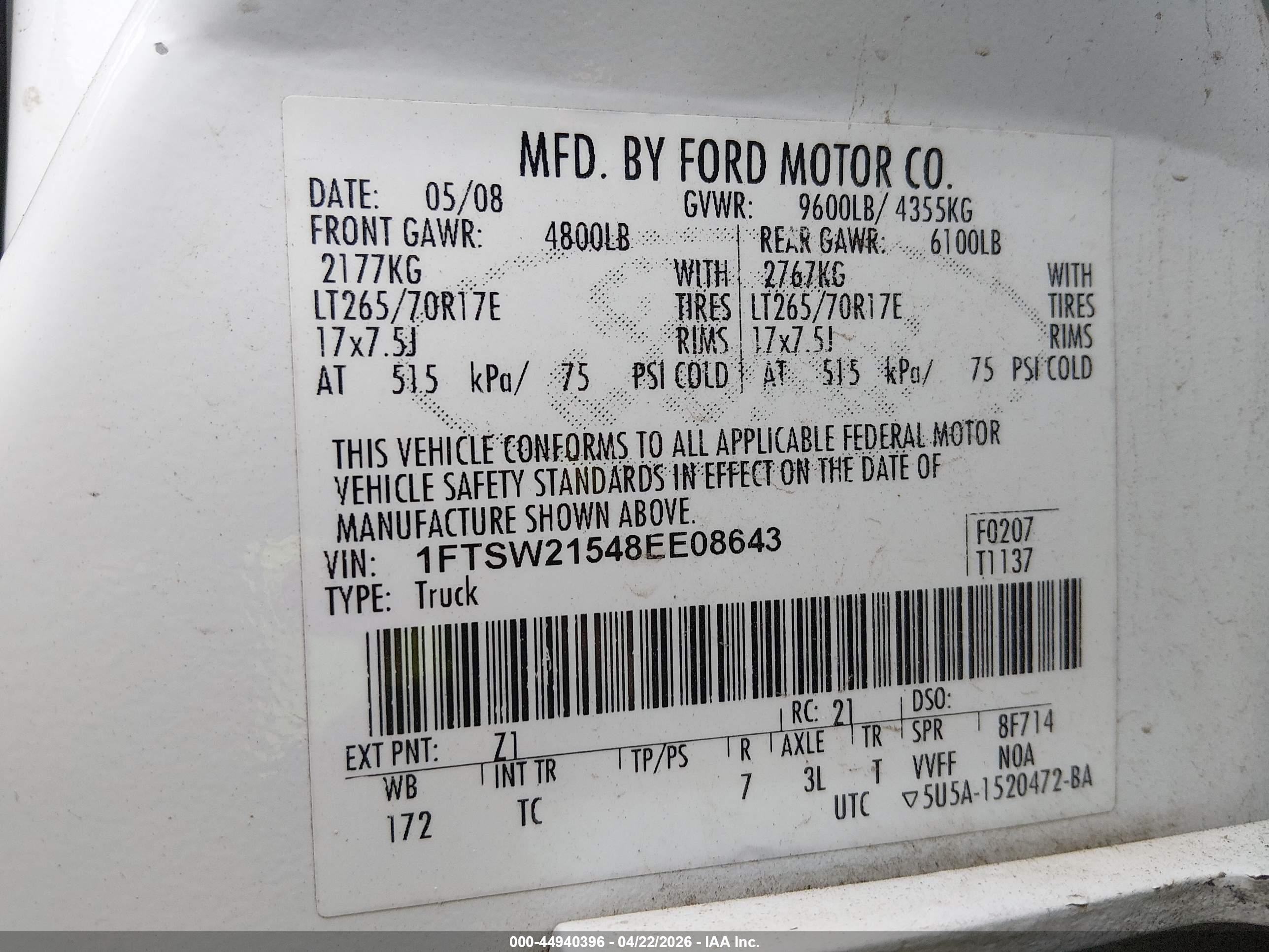 2008 Ford F-250 Xl White vin: 1FTSW21548EE08643