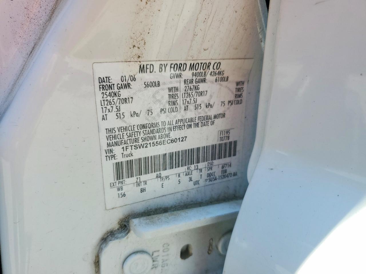 2006 Ford F250 Super Duty White vin: 1FTSW21556EC60127
