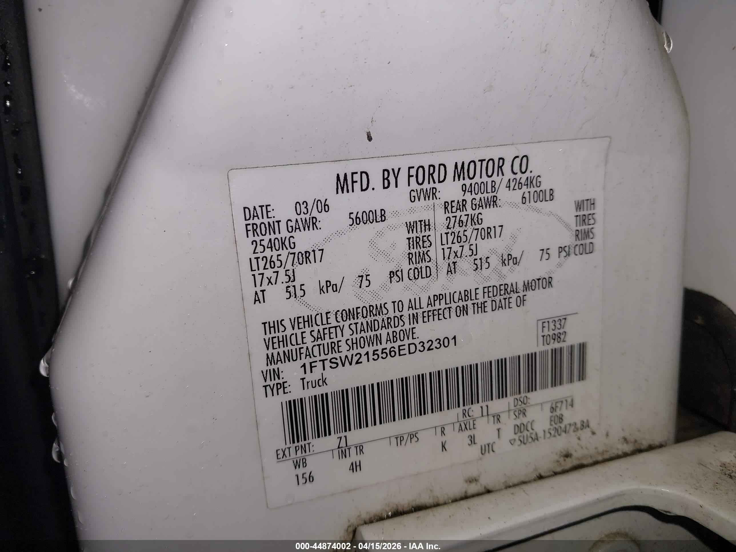 2006 Ford F-250 Lariat/xl/xlt White vin: 1FTSW21556ED32301