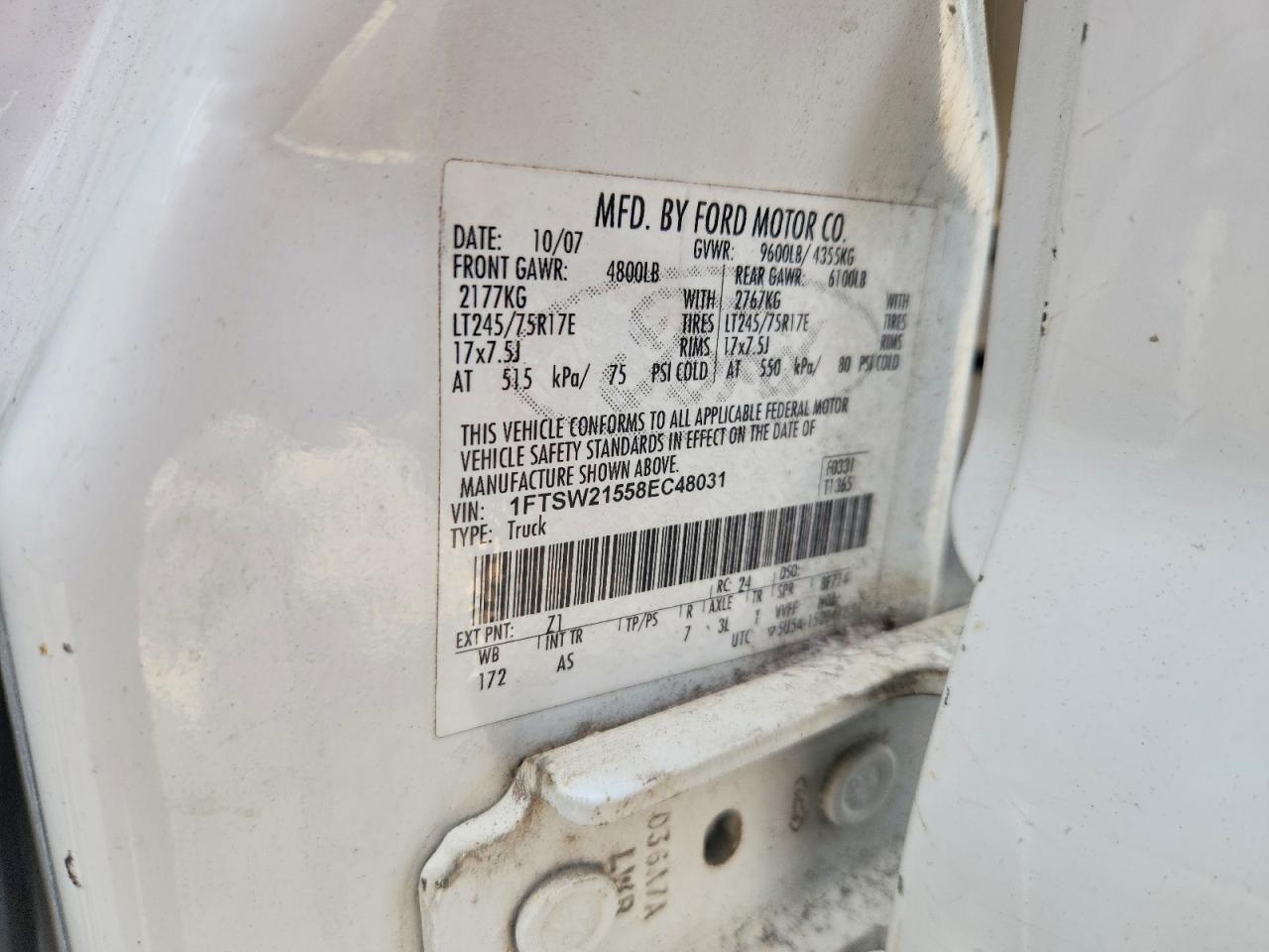 2008 Ford F250 Super Duty White vin: 1FTSW21558EC48031