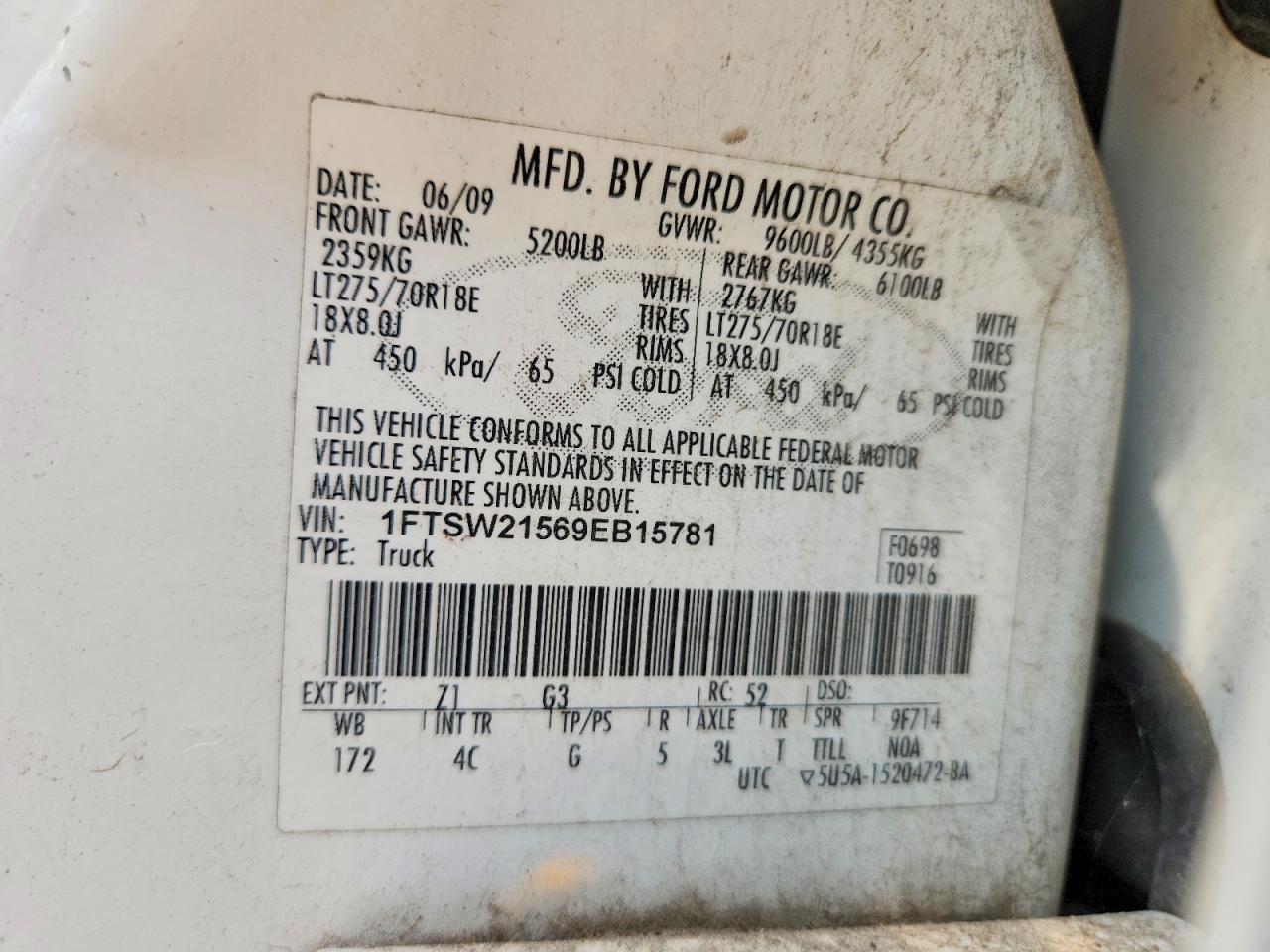 2009 Ford F250 Super Duty White vin: 1FTSW21569EB15781