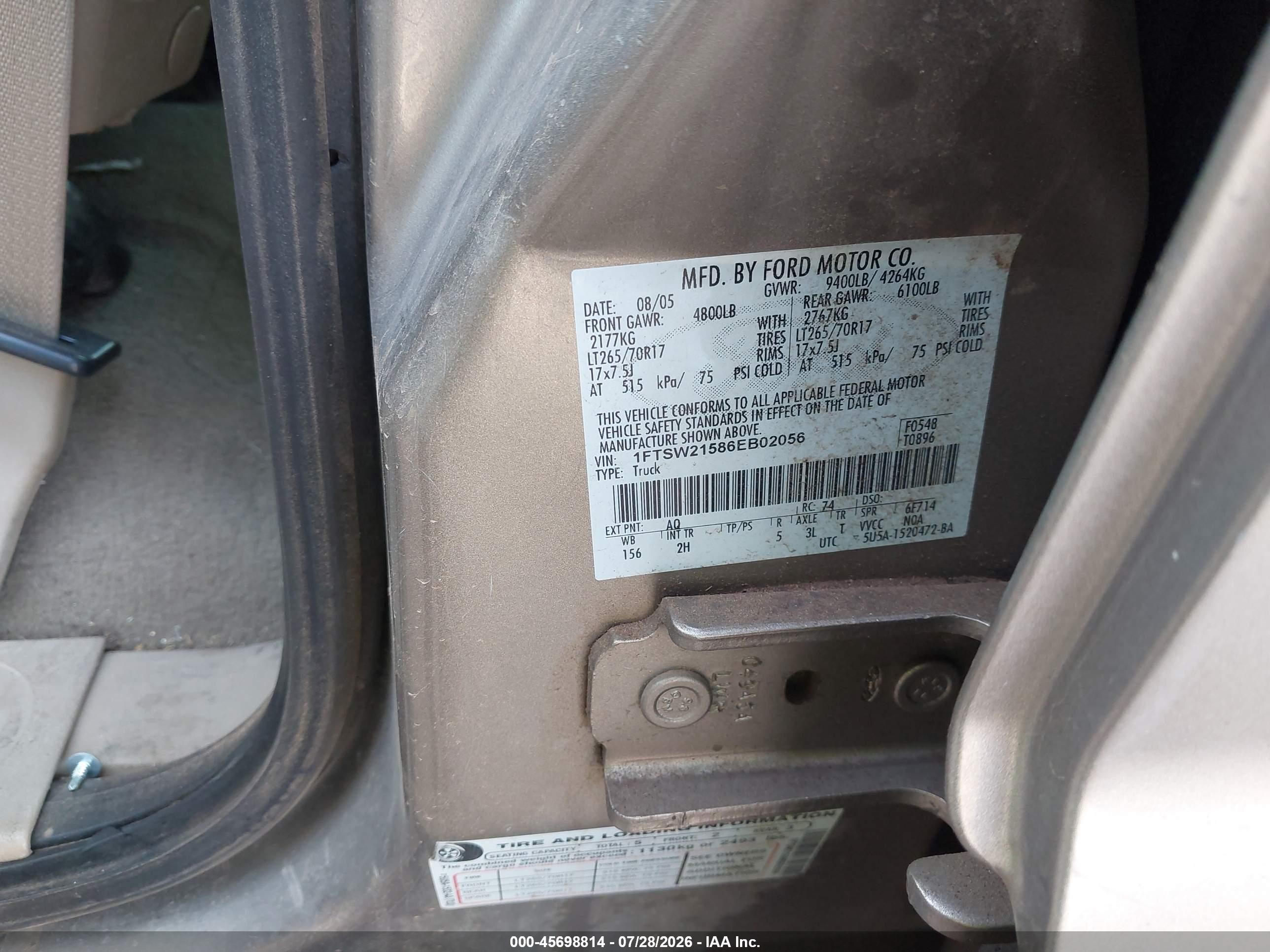 2006 Ford F-250 Lariat/xl/xlt Gold vin: 1FTSW21586EB02056