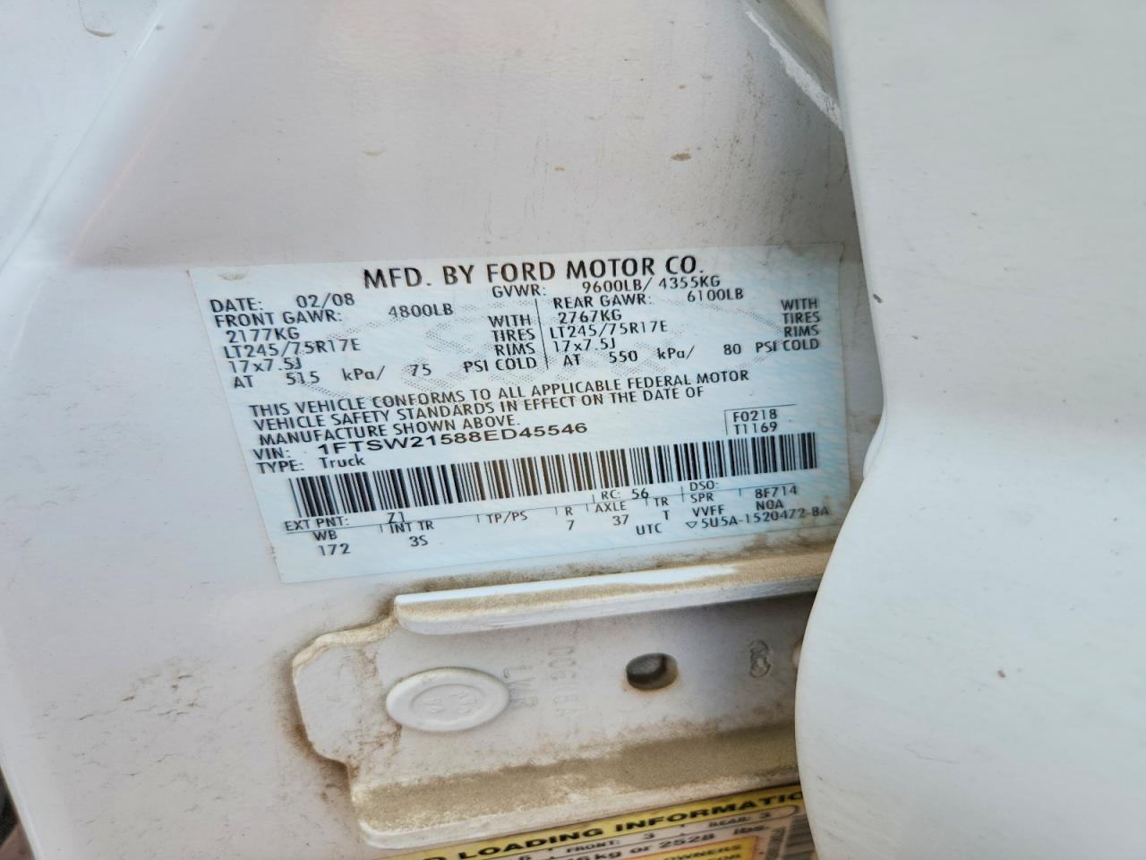 2008 Ford F250 Super Duty White vin: 1FTSW21588ED45546