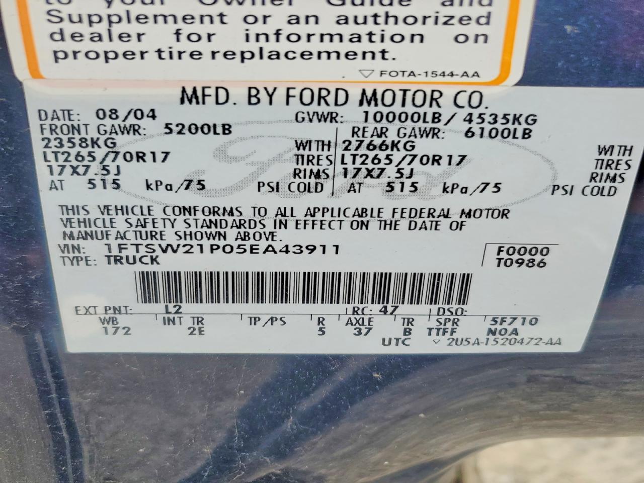 2005 Ford F250 Super Duty Blue vin: 1FTSW21P05EA43911