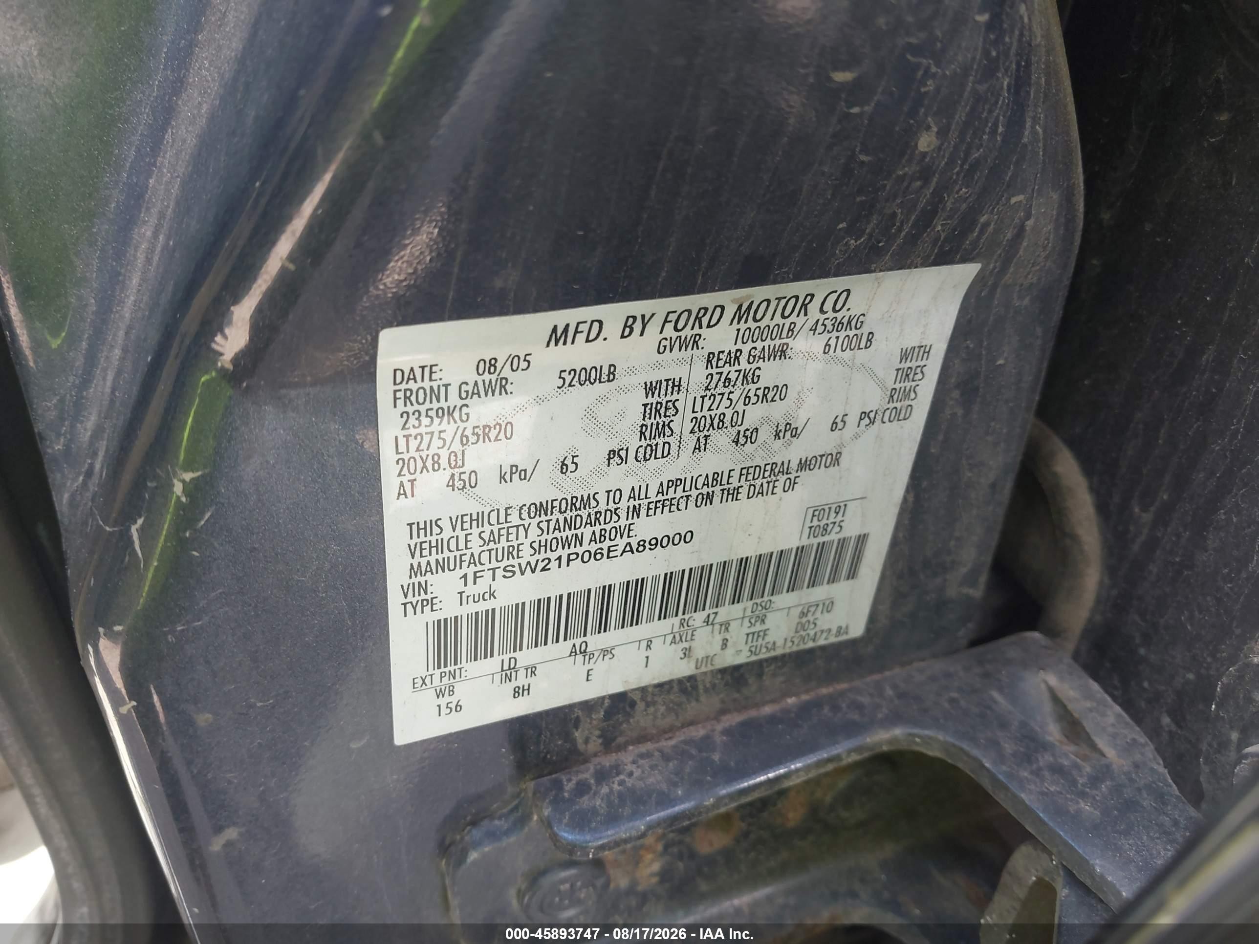 2006 Ford F-250 Lariat/xl/xlt Blue vin: 1FTSW21P06EA89000