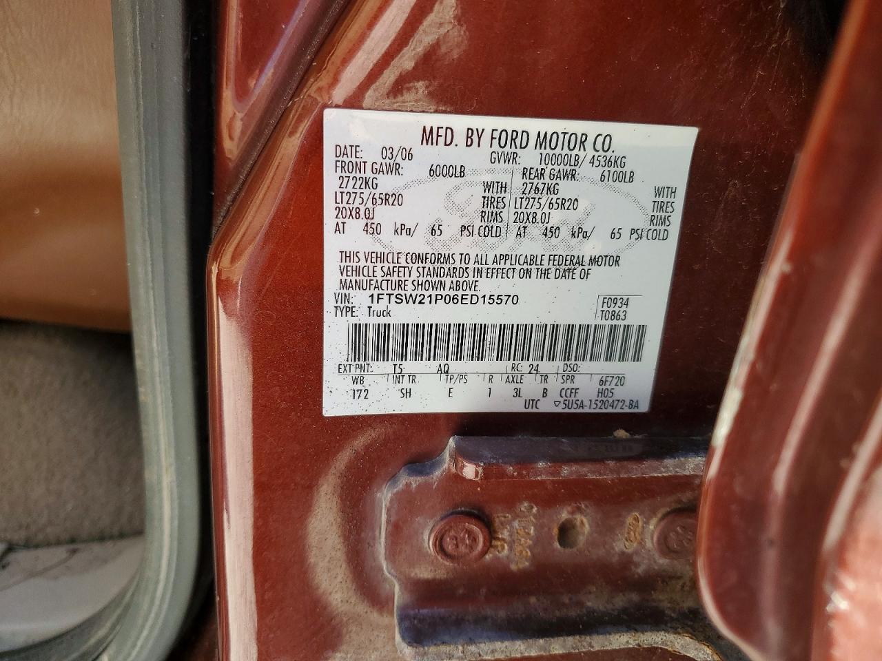 2006 Ford F250 Super Duty Burgundy vin: 1FTSW21P06ED15570