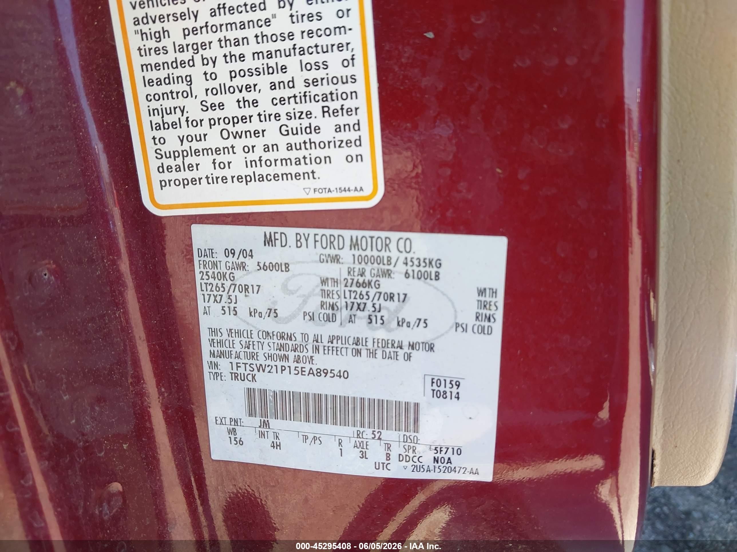 2005 Ford F-250 Lariat/xl/xlt Burgundy vin: 1FTSW21P15EA89540