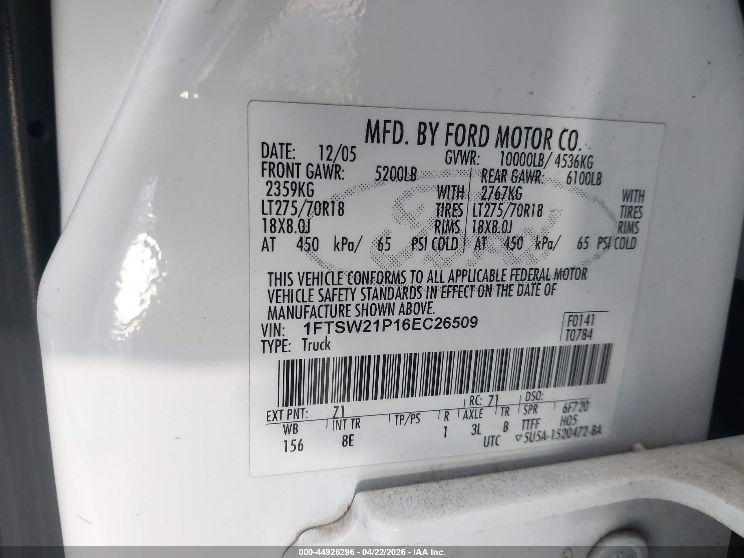2006 Ford F-250 Lariat/xl/xlt White vin: 1FTSW21P16EC26509