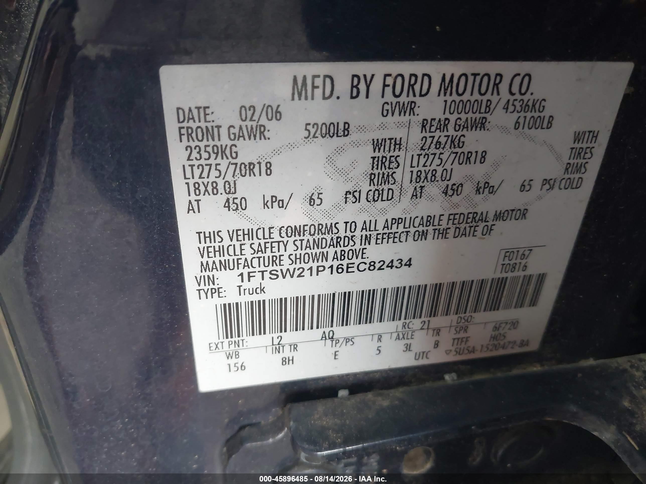 2006 Ford F-250 Lariat/xl/xlt Blue vin: 1FTSW21P16EC82434