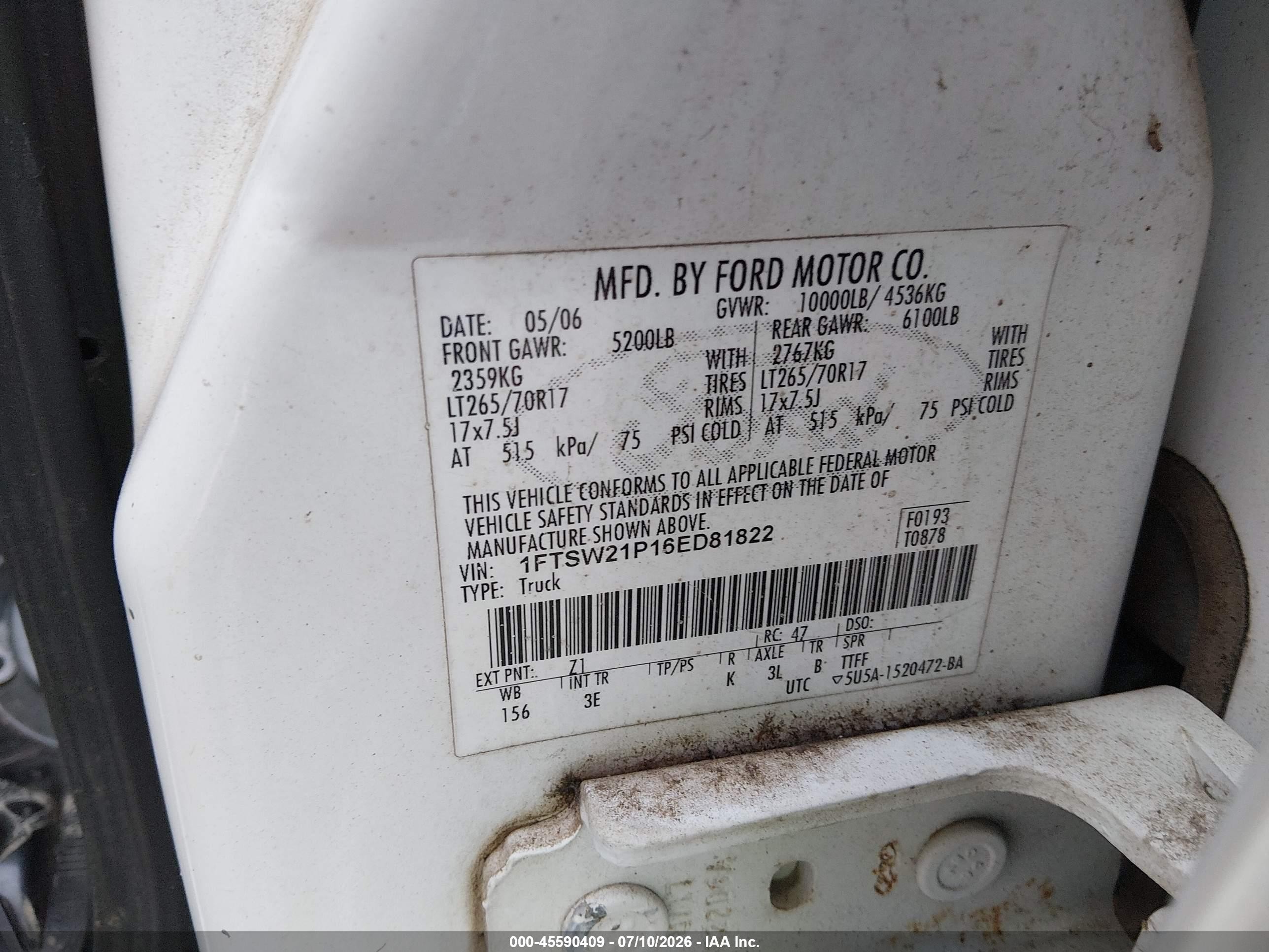 2006 Ford F-250 Lariat/xl/xlt White vin: 1FTSW21P16ED81822