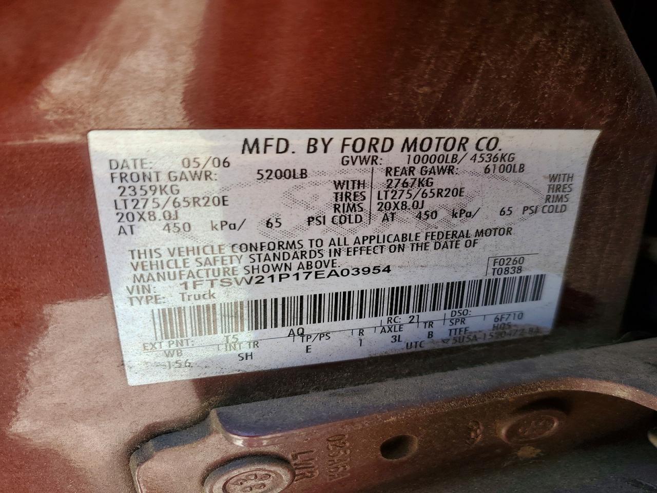 2007 Ford F250 Super Duty Burgundy vin: 1FTSW21P17EA03954