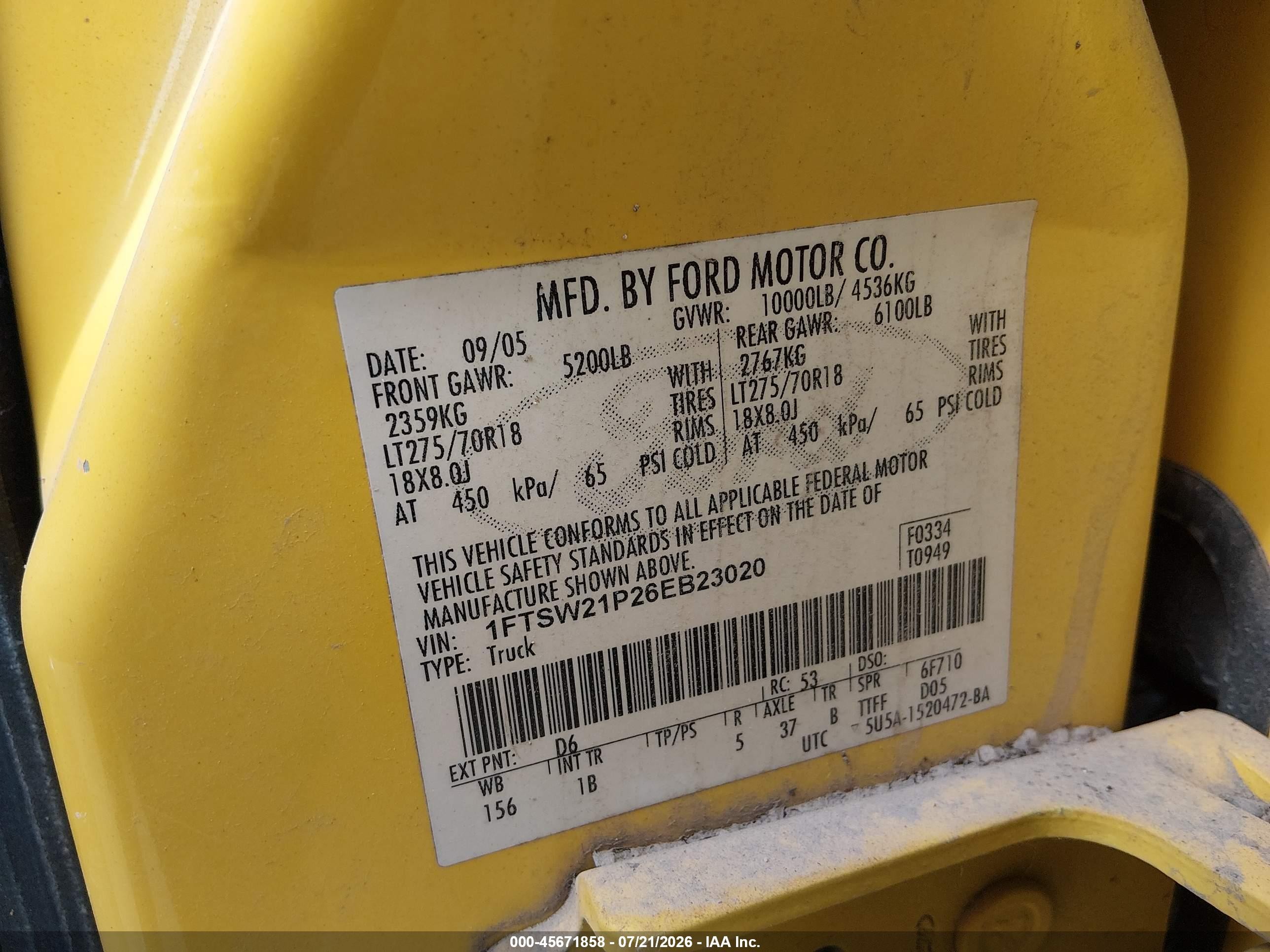 2006 Ford F-250 Lariat/xl/xlt Yellow vin: 1FTSW21P26EB23020