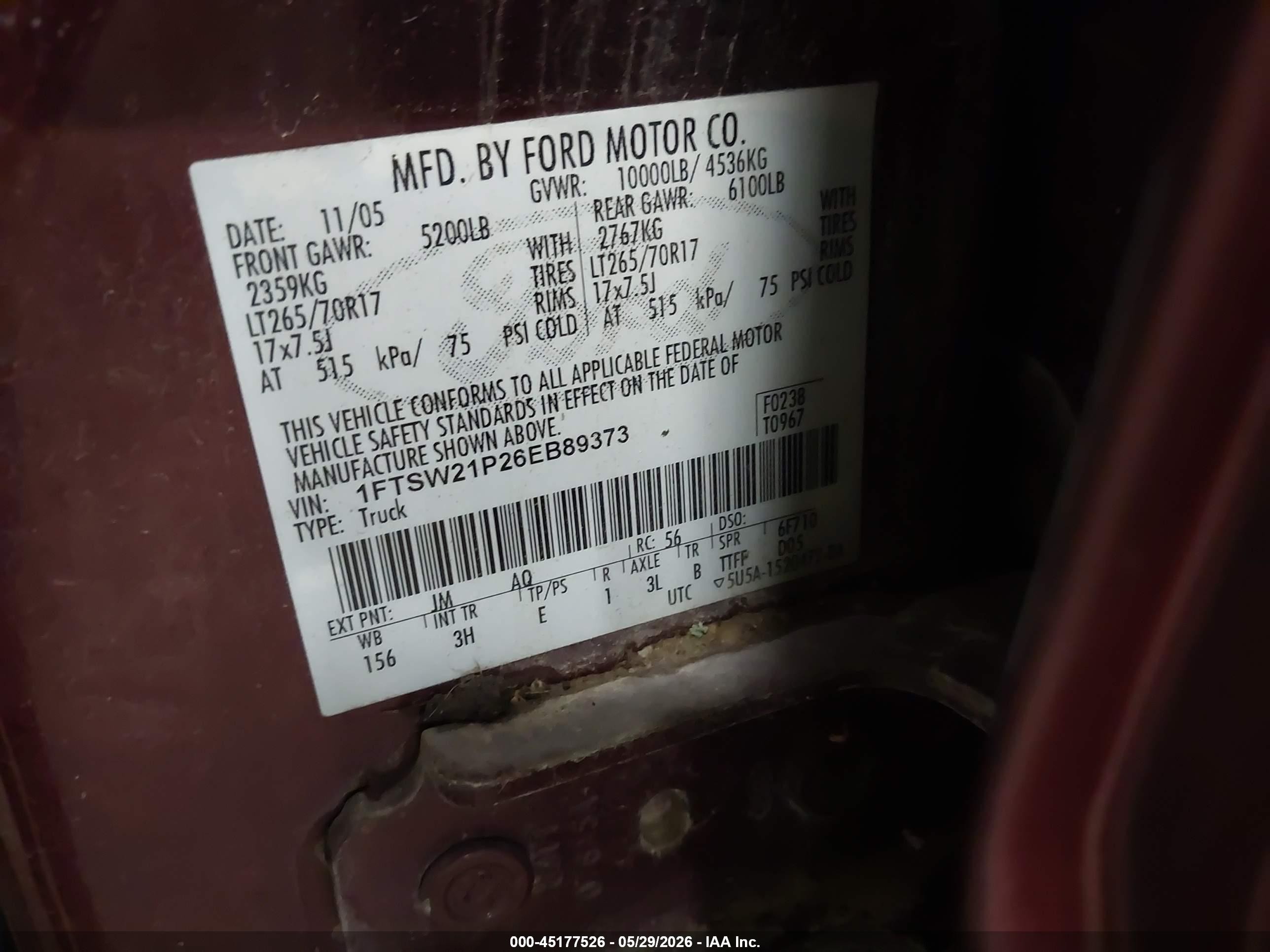 2006 Ford F-250 Lariat/xl/xlt Maroon vin: 1FTSW21P26EB89373
