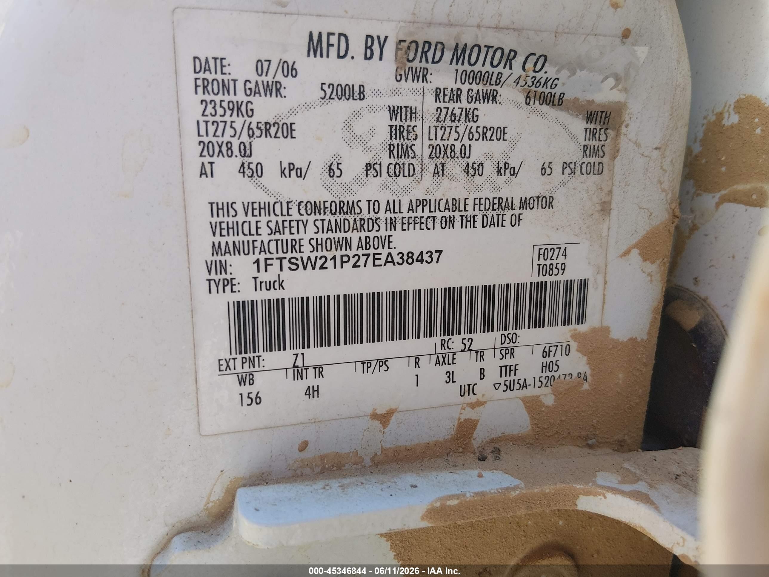 2007 Ford F-250 Lariat/xl/xlt White vin: 1FTSW21P27EA38437