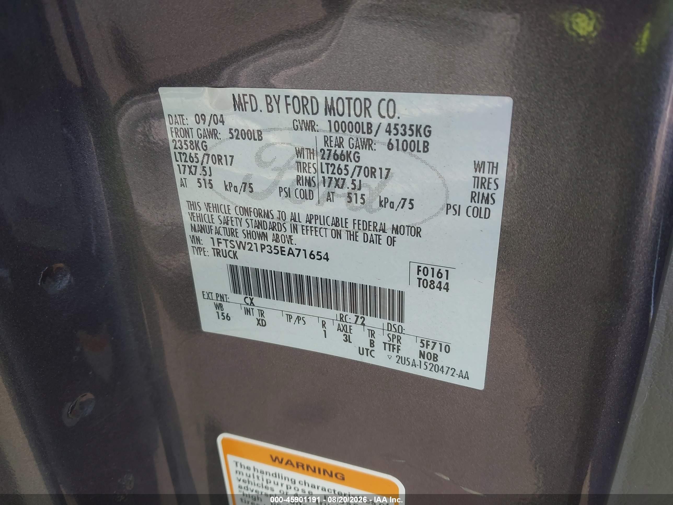 2005 Ford F-250 Lariat/xl/xlt Gray vin: 1FTSW21P35EA71654