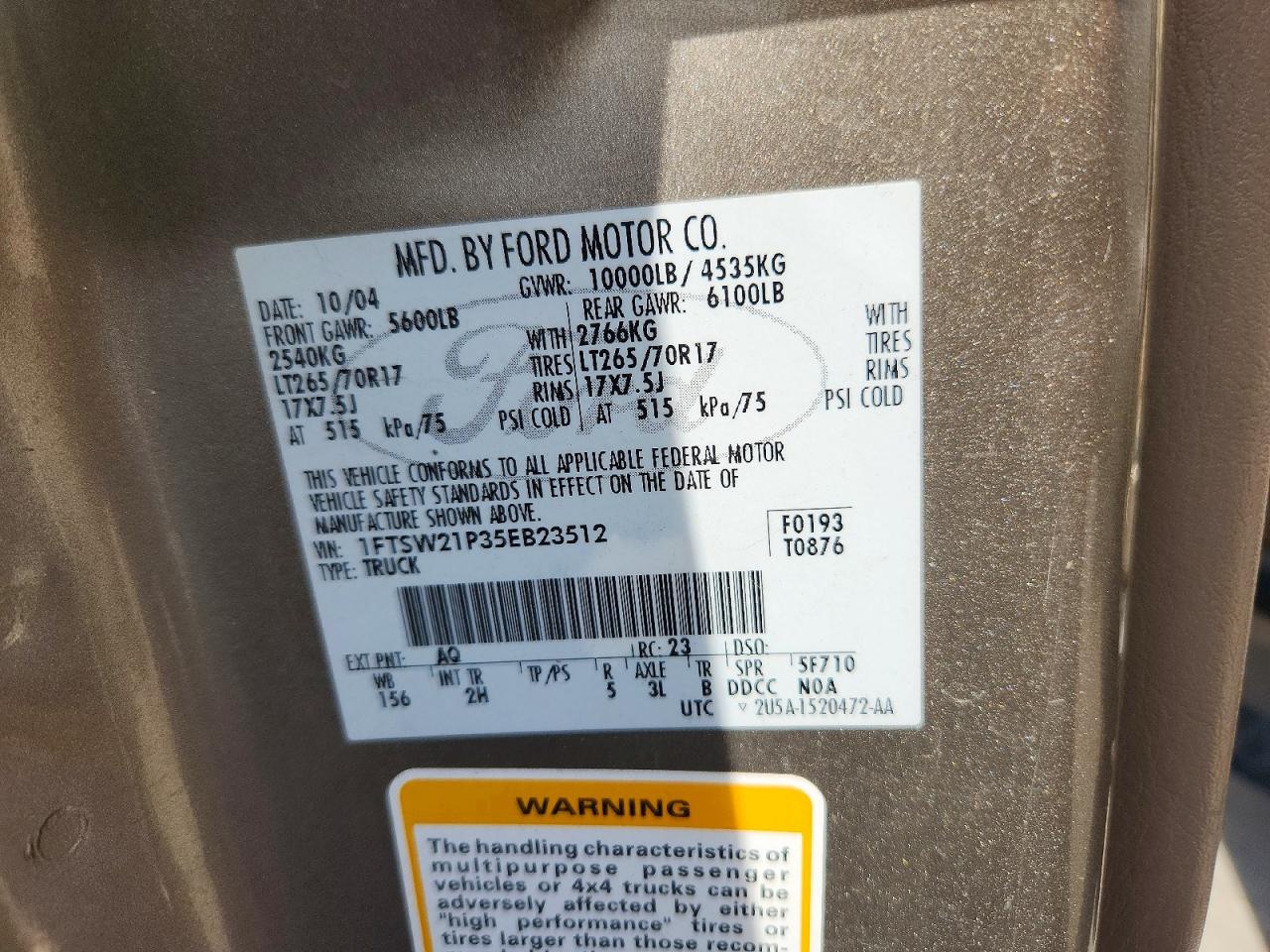 2005 Ford F250 Super Duty Tan vin: 1FTSW21P35EB23512
