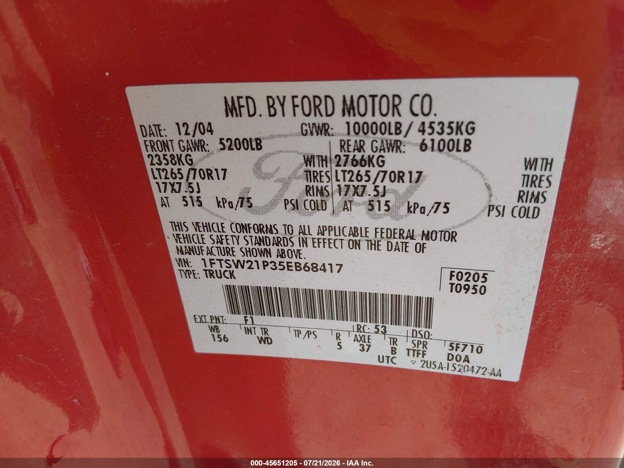 2005 Ford F-250 Lariat/xl/xlt Red vin: 1FTSW21P35EB68417