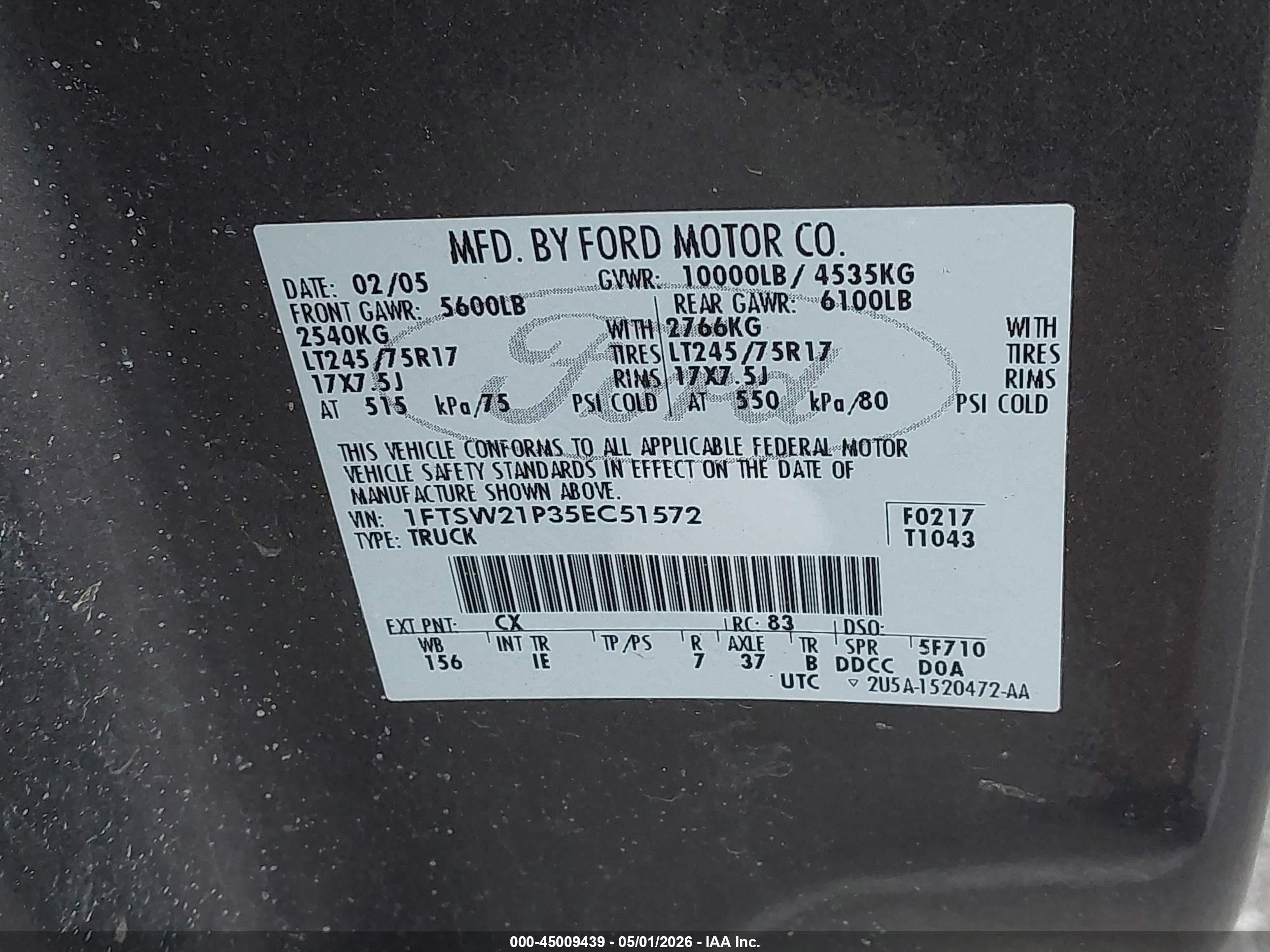 2005 Ford F-250 Lariat/xl/xlt Gray vin: 1FTSW21P35EC51572