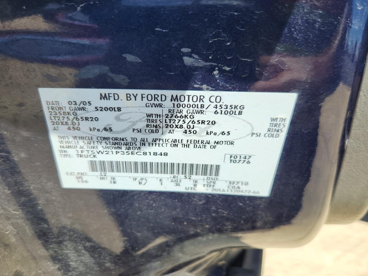 2005 Ford F250 Super Duty Blue vin: 1FTSW21P35EC81848