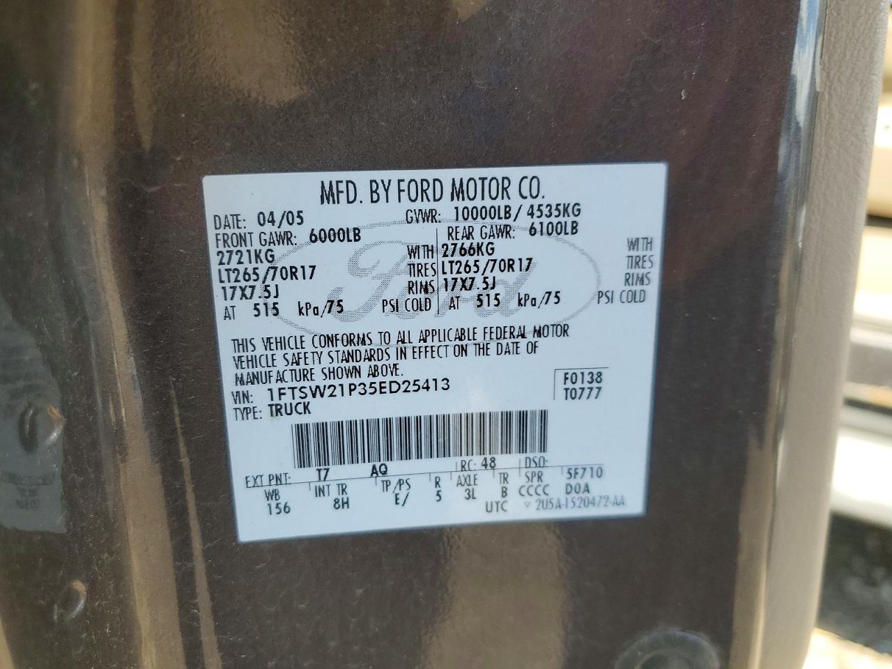 2005 Ford F250 Super Duty Brown vin: 1FTSW21P35ED25413