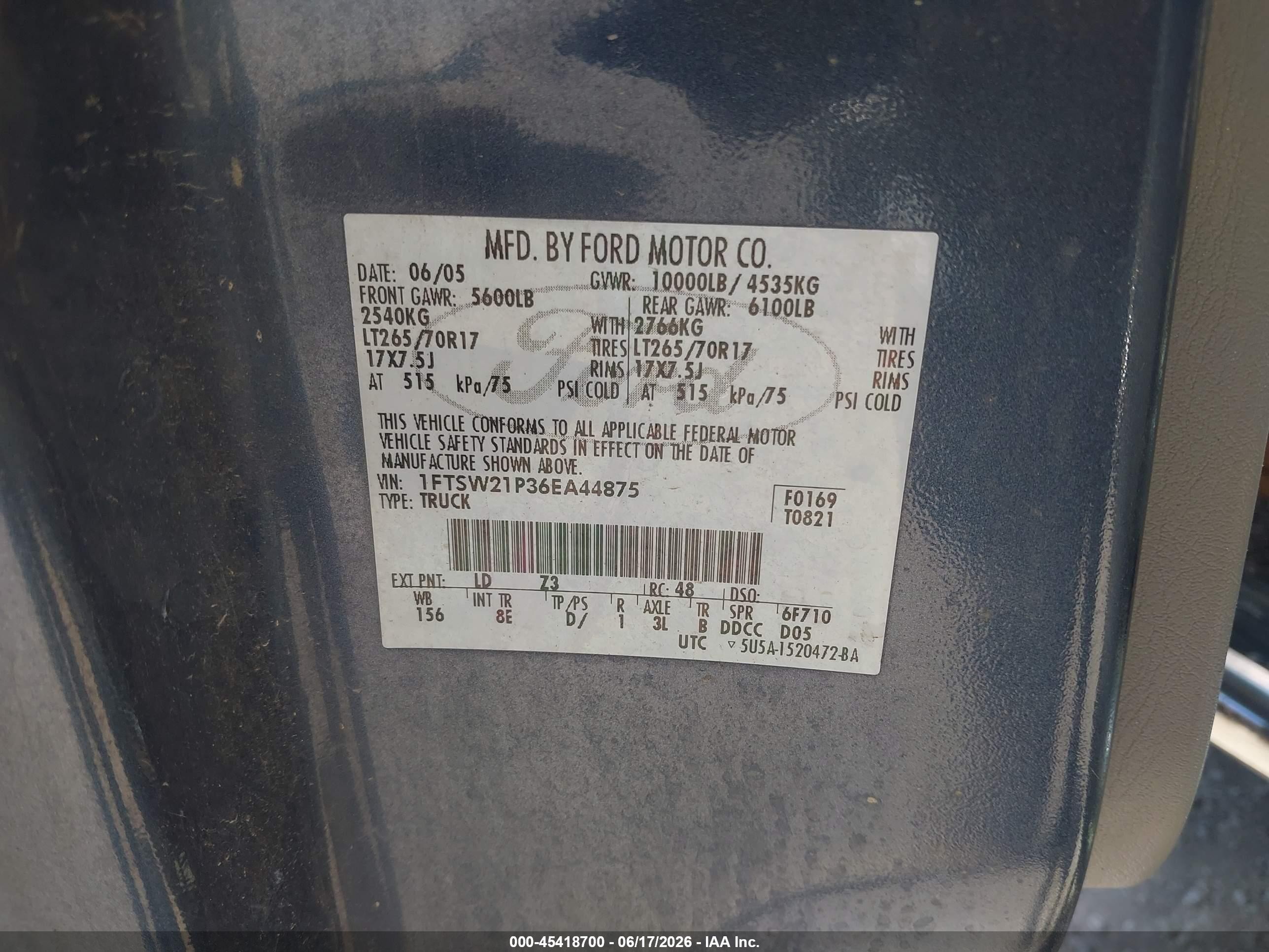 2006 Ford F-250 Lariat/xl/xlt Синий vin: 1FTSW21P36EA44875